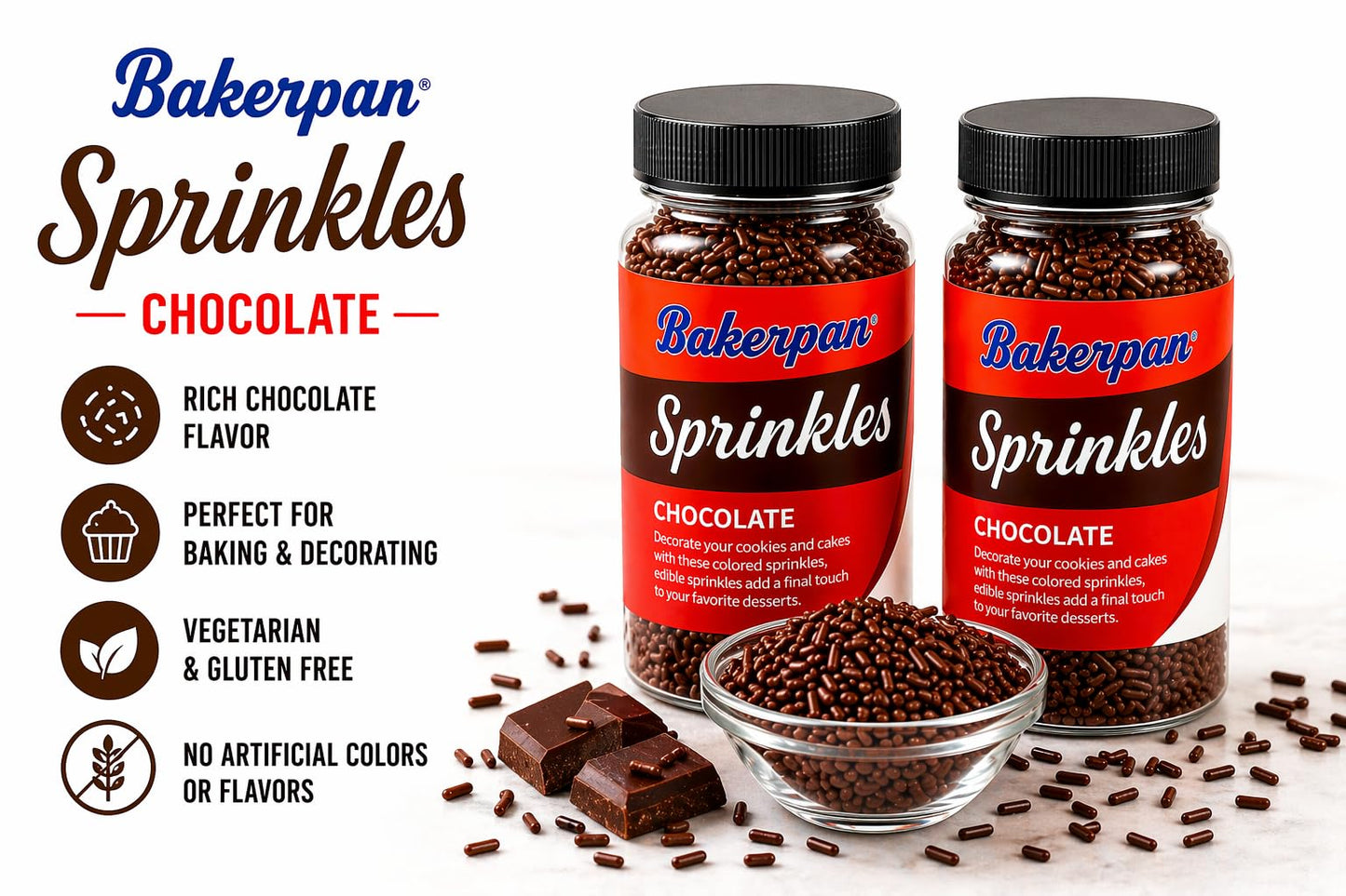 Bakerpan Chocolate Sprinkles for Cake Decorating - 2 Bottles of 4.3 Ounces Chocolate Jimmies Sprinkles for Ice Cream, Baking, Cupcakes, Cookies (Made
