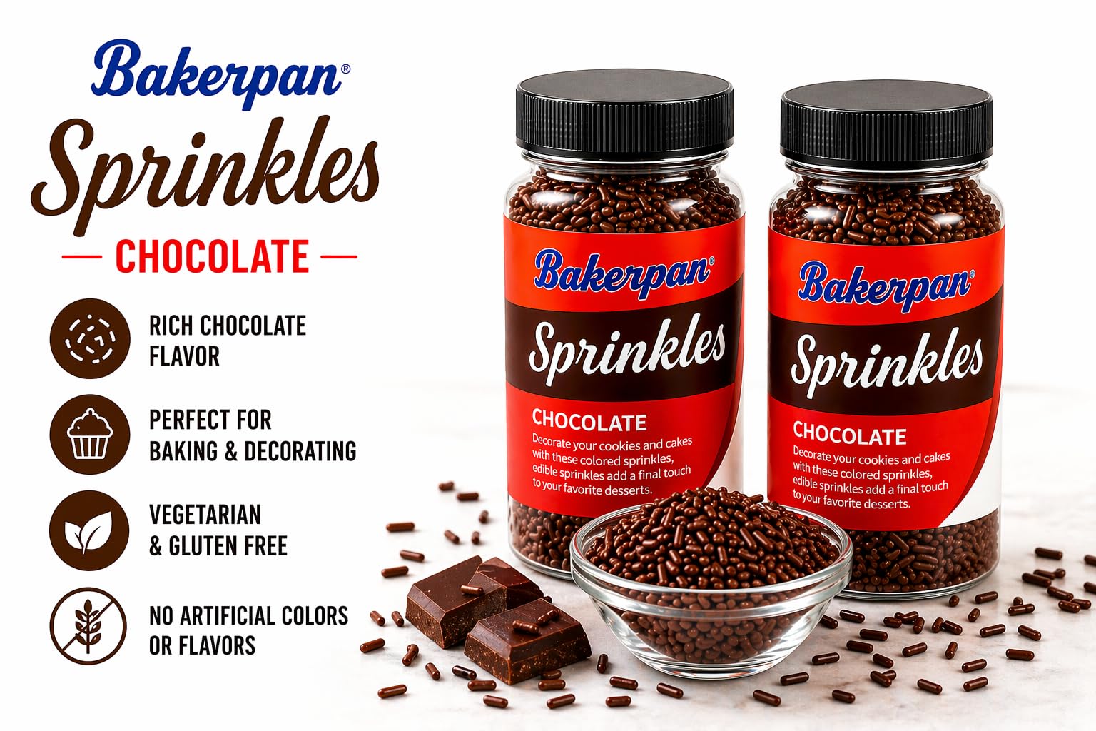 Bakerpan Chocolate Sprinkles for Cake Decorating - 2 Bottles of 4.3 Ounces Chocolate Jimmies Sprinkles for Ice Cream, Baking, Cupcakes, Cookies (Made