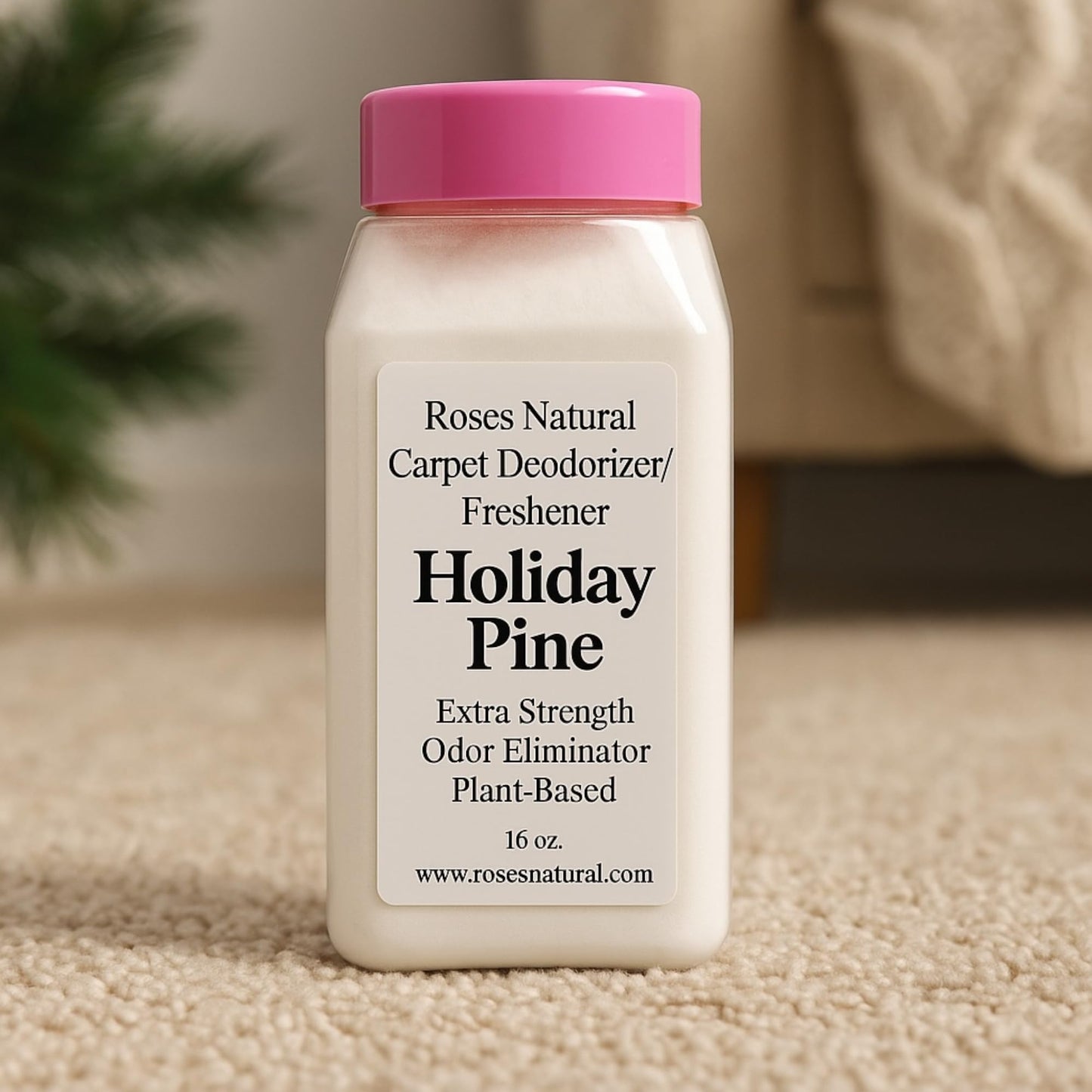 Roses Natural Carpet Deodorizer Powder - Holiday Pine, Long-Lasting Odor Eliminator, Plant-Based, Pet Friendly, 16 oz, Made in the USA