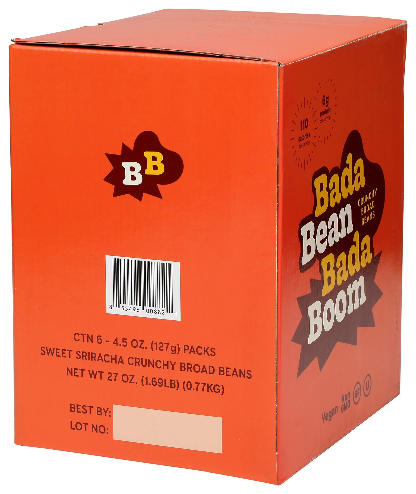 Bada Bean Bada Boom Plant-based Protein, Gluten Free, Vegan, Non-GMO, Soy Free, Kosher, Roasted Broad Fava Bean Snacks, Sriracha, 4.5 Ounce (Pack