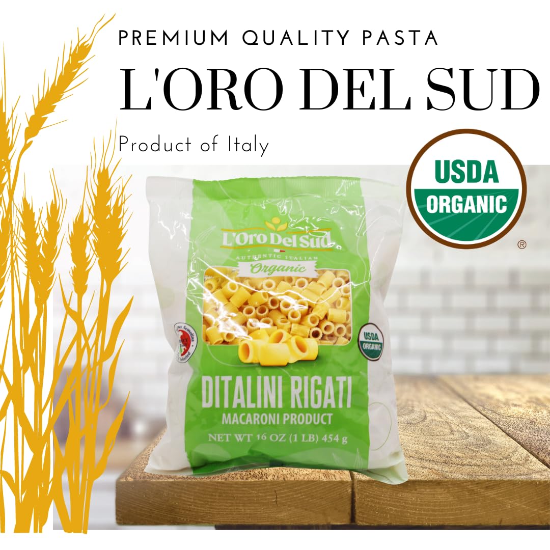 L'Oro Del Sud Organic Ditalini Pasta, 100% Durum Wheat, Ditali Italian Pasta, Tubetti Premium Quality Product of Italy, 16 Ounce (Pack of 4)