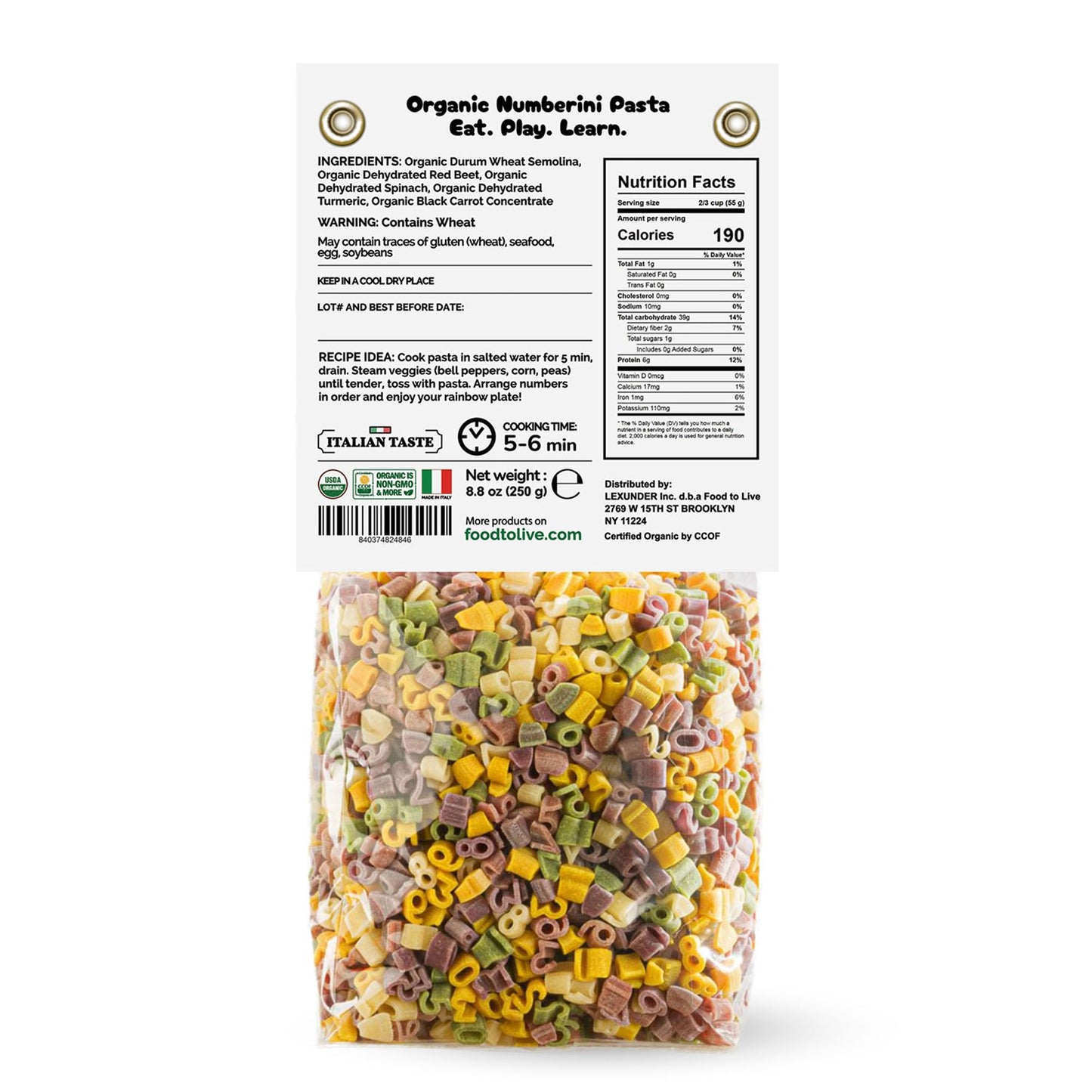 Food to Live Organic Numberini Pasta - Eat. Play. Learn, 8.8 oz (Pack of 1) - Multicolor Italian Fun Kid's Pasta, Made with Roots and Vegetables