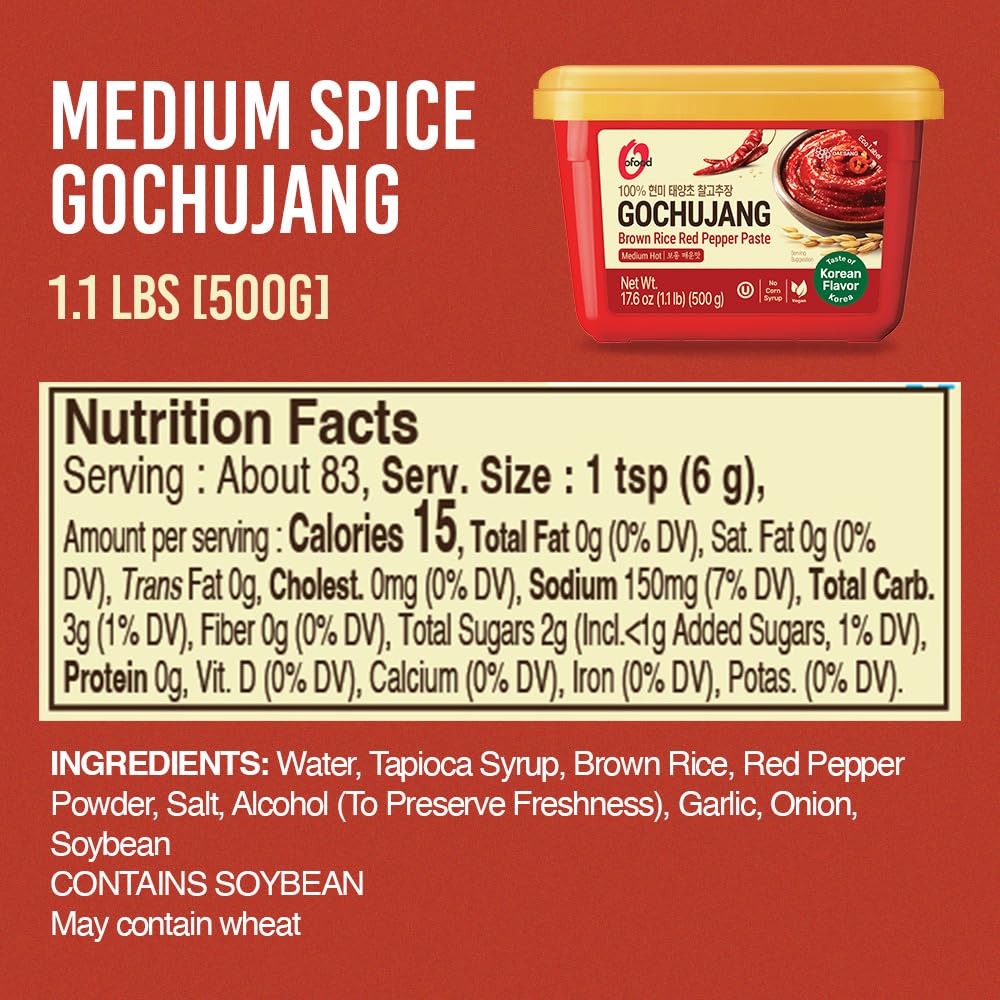 Gochujang - Premium Korean Red Chili Paste [ Medium | 1.1 lb (500g) ] - 0 Fat/ 0 Cholesterol / (40 Calories/Serving) | Spicy & Sweet Savory Fermented