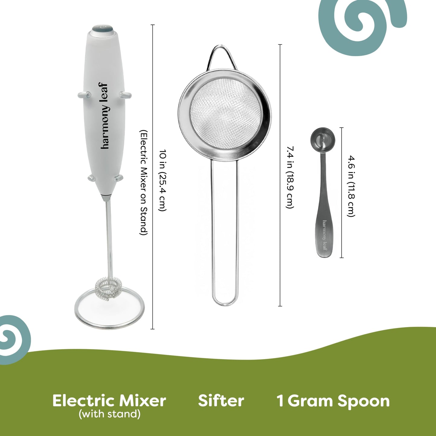 Harmony Leaf Modern Matcha Starter Kit, 3 Piece Set with Stainless Steel Sifter, One Half Teaspoon Scoop and Electric Milk Frother