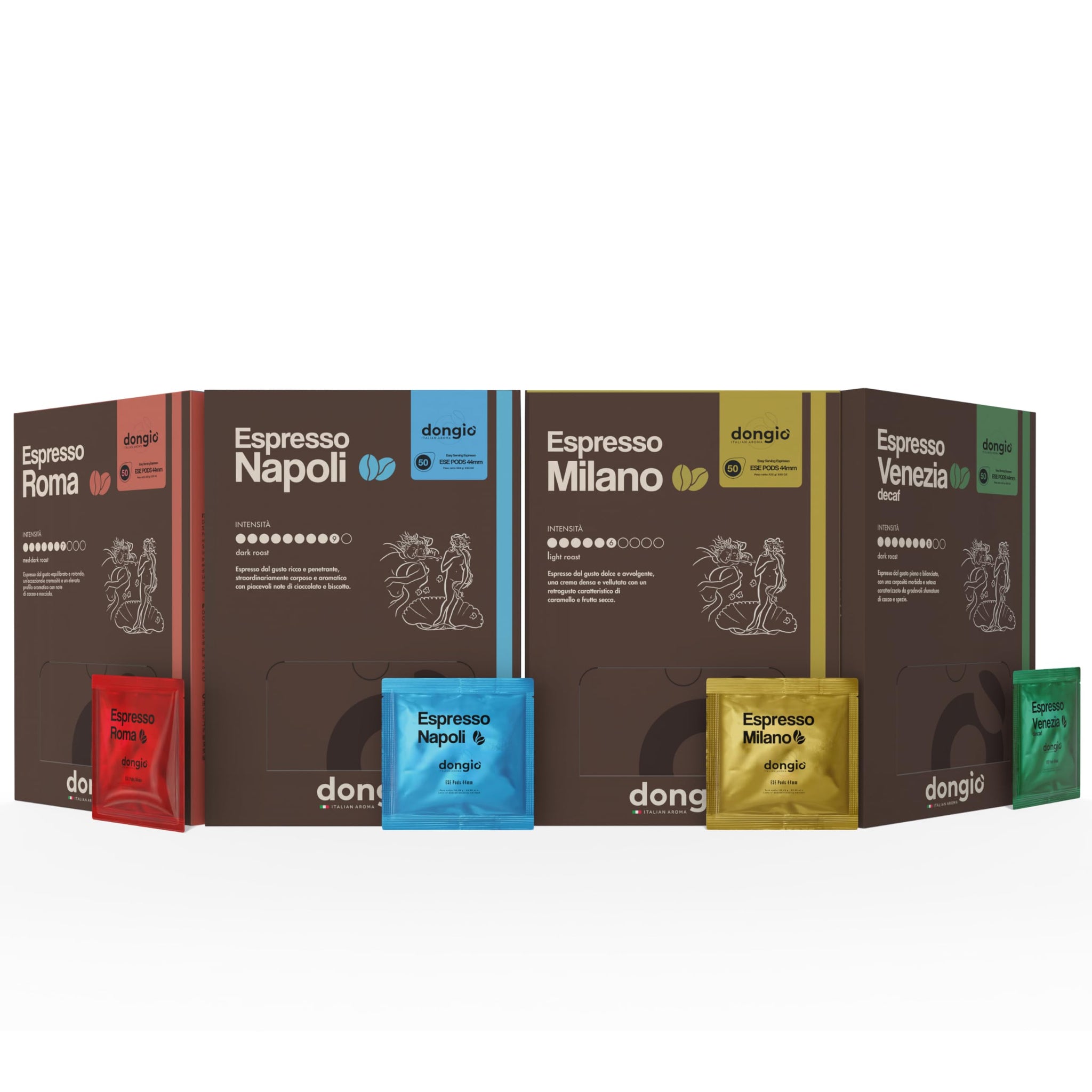 Dongio Caffe ESE Variety Pack 44mm Coffee Pods - 200 Count | Italian Espresso Pods with Napoli, Roma, Milano & Venezia, Rich Crema, Roasted in Italy