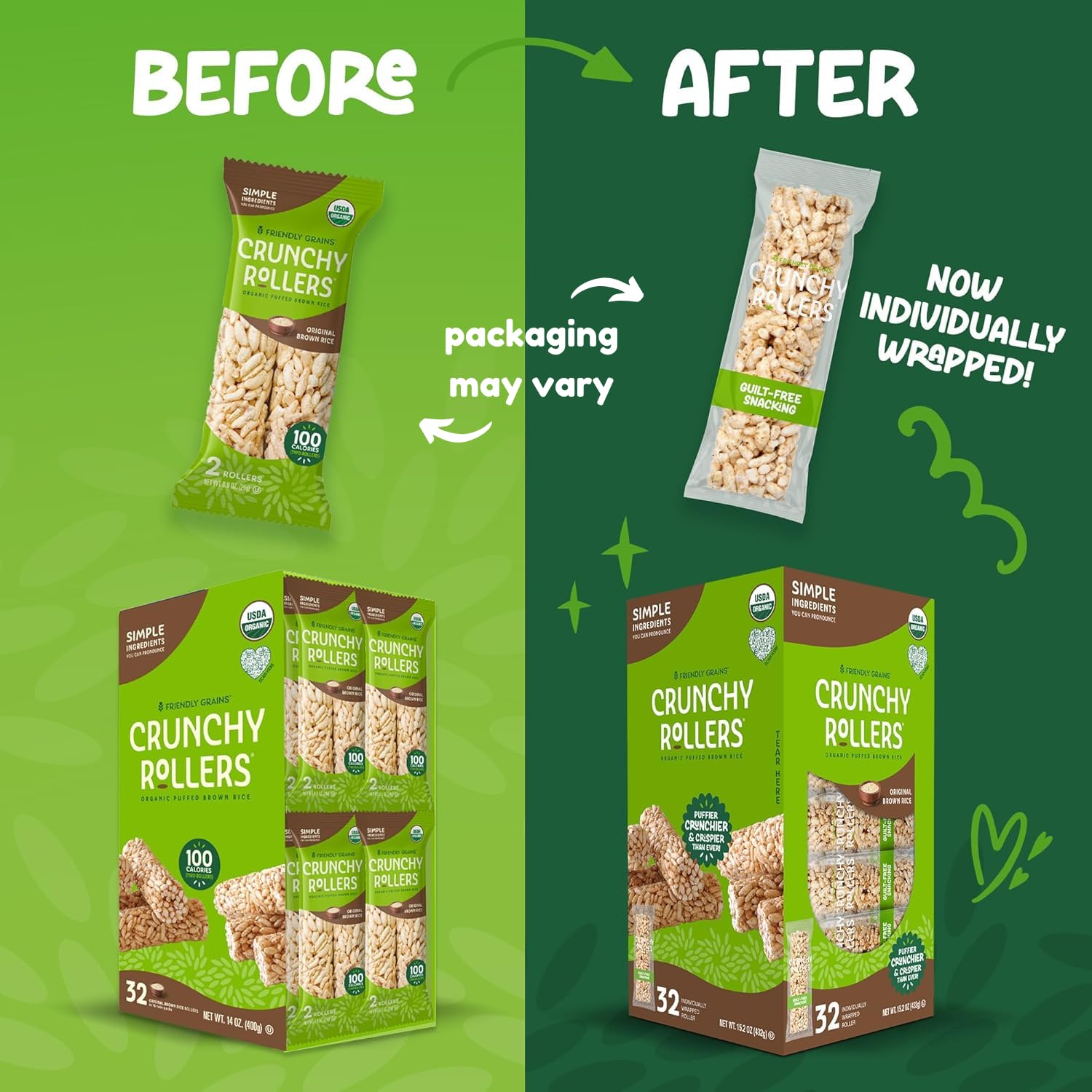 Original Brown Rice Crunchy Rollers - Organic Rice Healthy Snack Crispy Puffed Rolls for Adults and Kids - Friendly Grains (32 Count)
