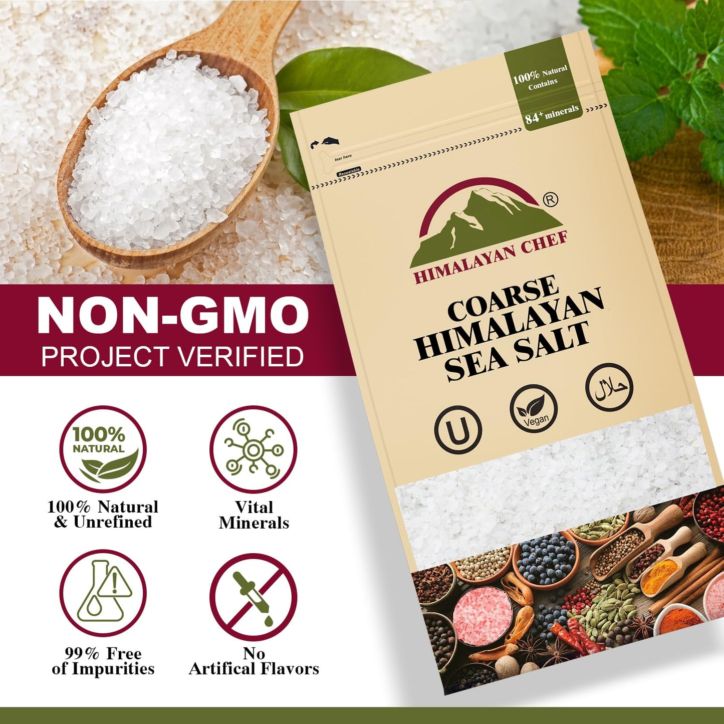 Himalayan Chef Sea Salt, Coarse Grains, 192 Ounce - All Natural and Hand Harvested Unrefined Salt, Gluten Free, Non-GMO Seasoned Salt, 48 Ounce/Each
