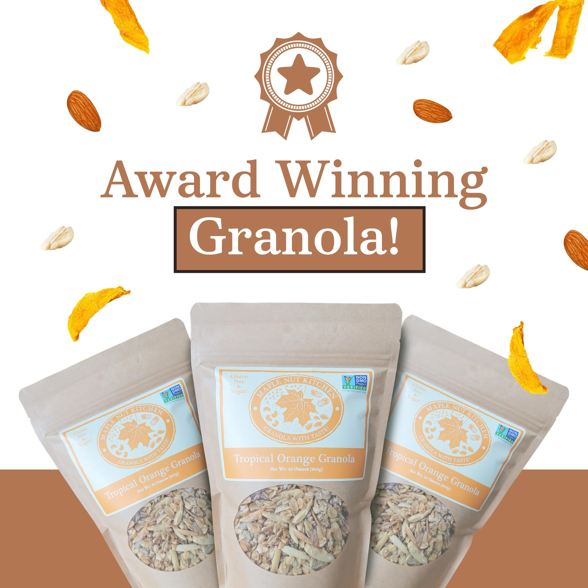 Maple Nut Kitchen Tropical Orange Granola 3 Pack - Gluten Free Granola with Mango, Almonds, Coconut & Citrus - Crunchy Healthy Breakfast Cereal - Low