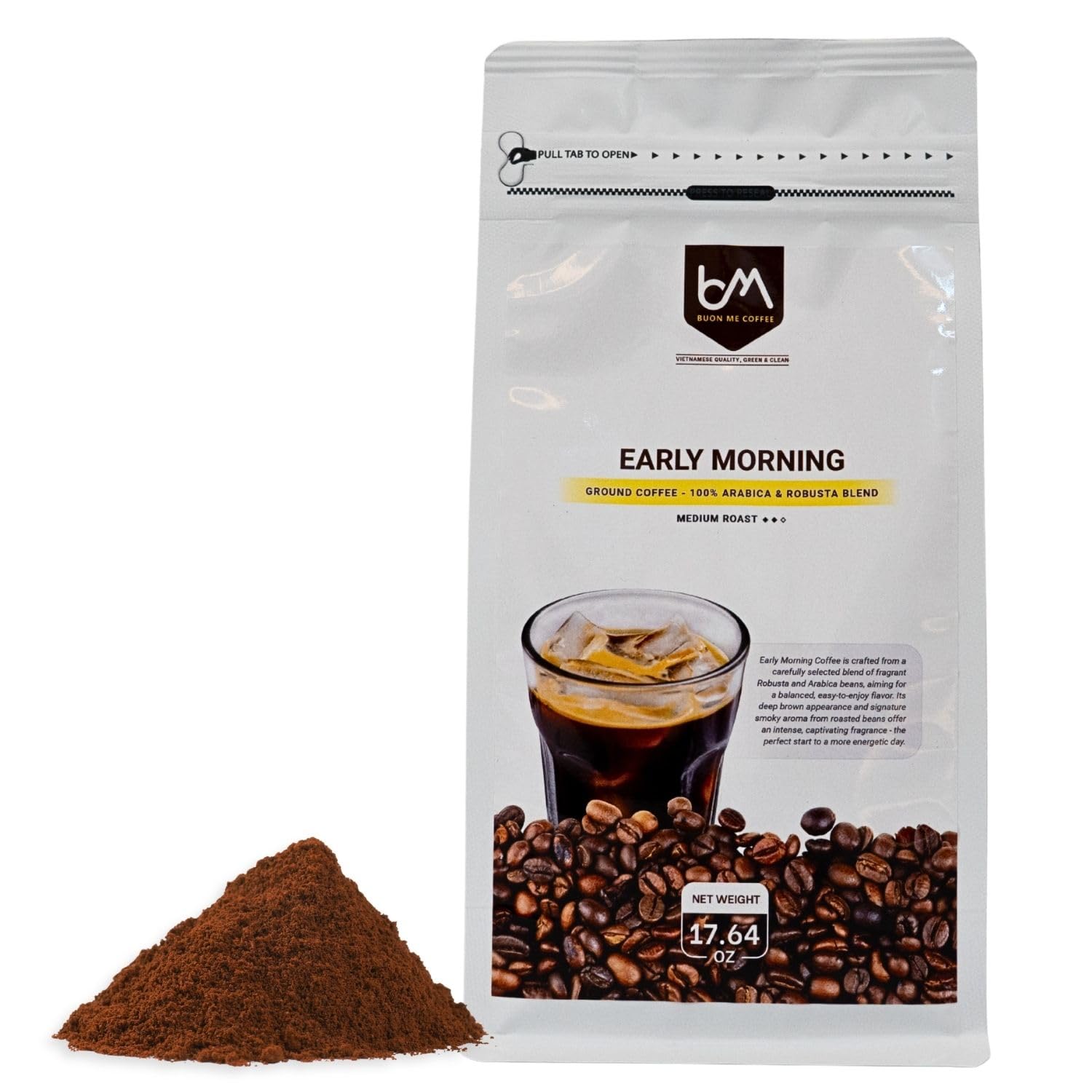 Buon Me Coffee Robusta & Arabica Blend Roasted Ground Coffee, Medium Roast, Smooth & Bold Vietnamese Coffee, 17.6oz Bag (Pack of 1)