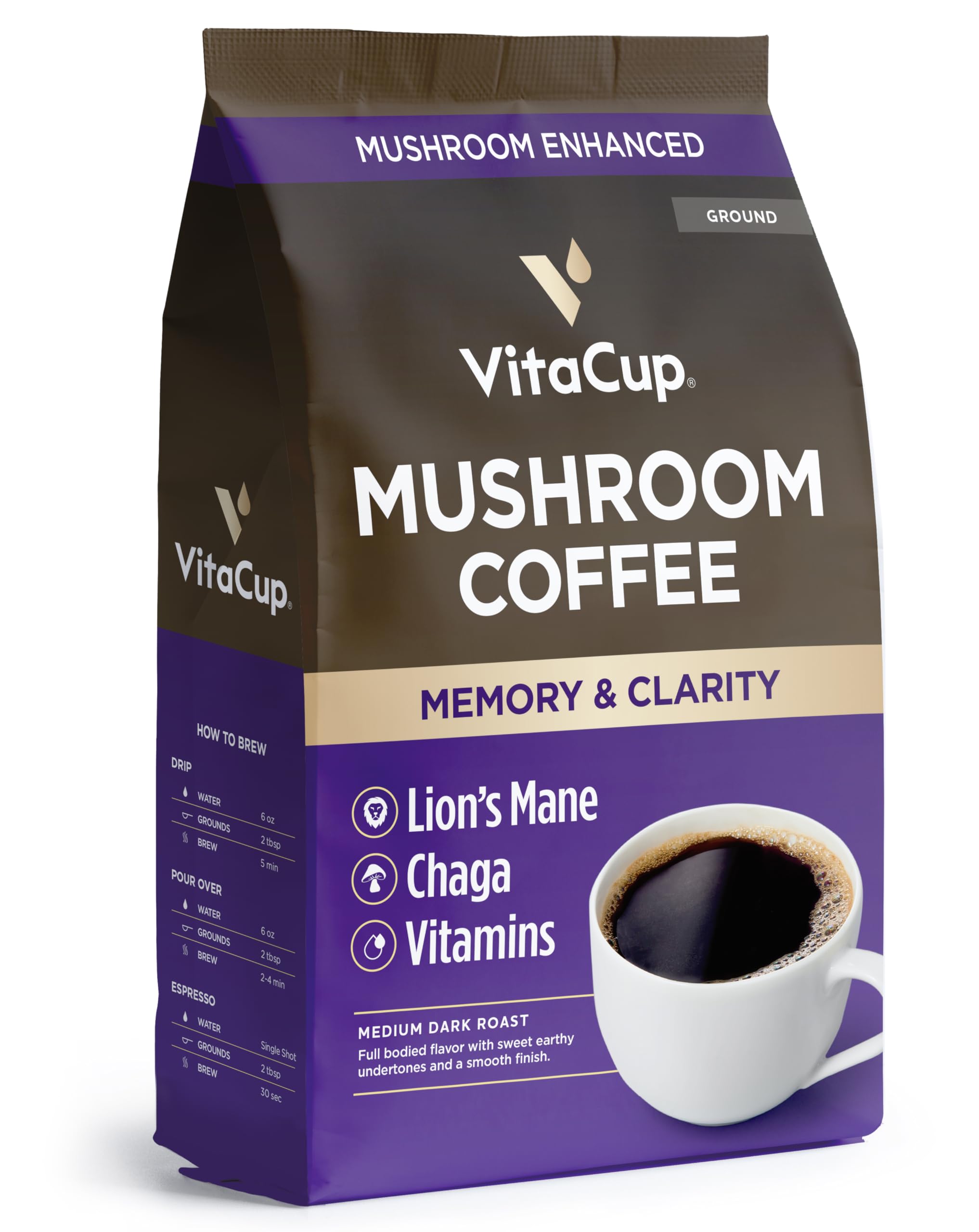 VitaCup Mushroom Coffee Grounds, with Lions Mane, Chaga, B Vitamins, D3, Boost Focus, Immunity, Memory & Clarity, Medium Dark Roast, Bold & Smooth