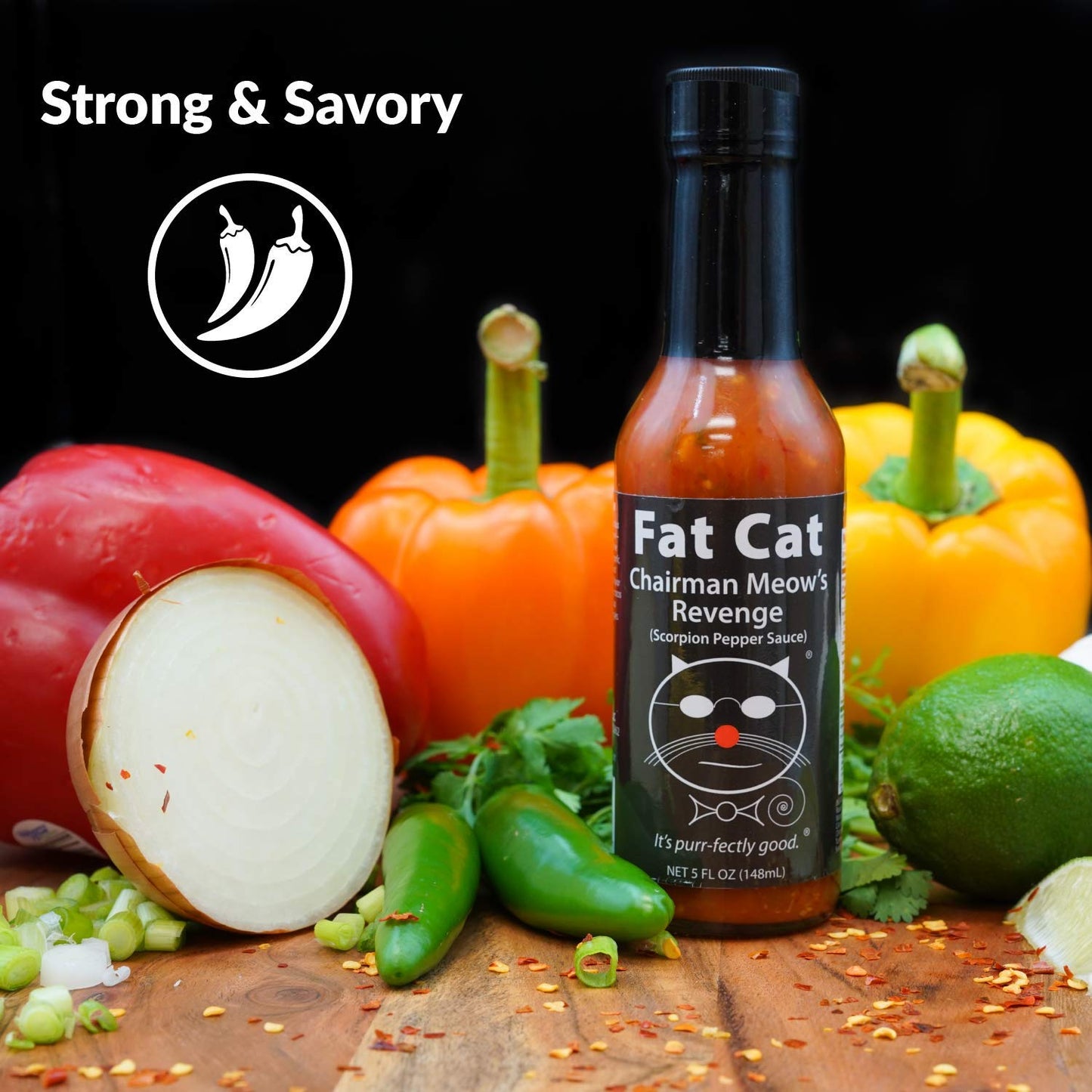 Chairman Meow's Revenge Scorpion Pepper Sauce by Fat Cat Gourmet | Strong & Savory | Great with Grilled Meats, Veggies, Tacos, Dips | Very Hot |