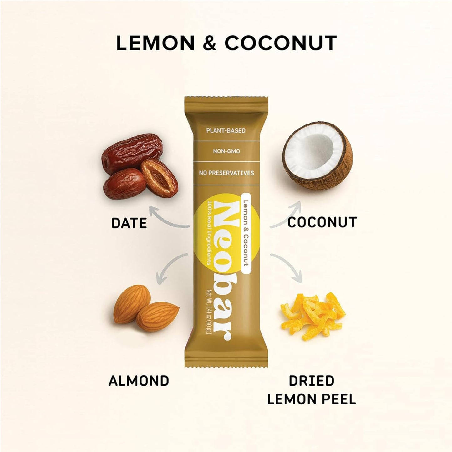 NEOBAR Lemon Coconut Plant-Based Vegan Snack Bars, Gluten Free Dairy Free Snacks, No Added Sugar, No Preservatives, Non-GMO | 12 Count