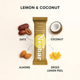 NEOBAR Lemon Coconut Plant-Based Vegan Snack Bars, Gluten Free Dairy Free Snacks, No Added Sugar, No Preservatives, Non-GMO | 12 Count