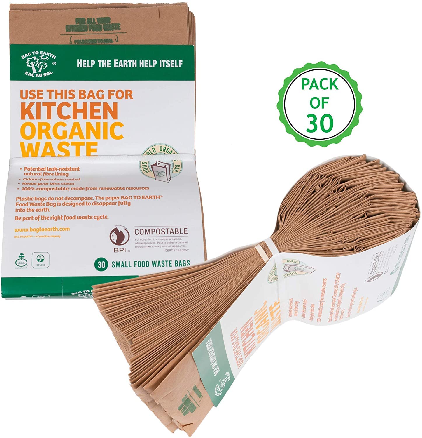 Bag to Earth - Kitchen Food Waste Bag - Compostable Bag - Leak Resistant -%100 Paper Cellulose Liner - Small - 30 Bags