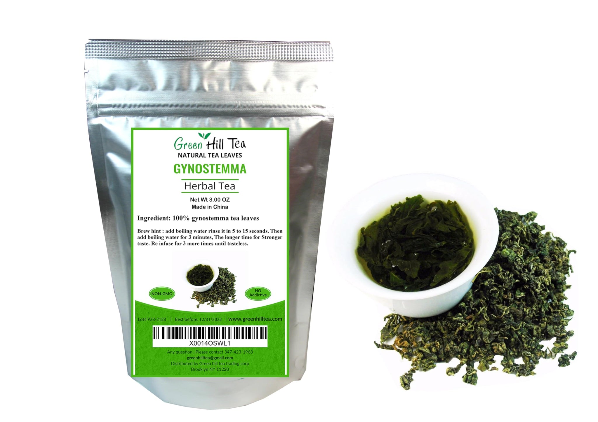 Green Hill Tea Jiaogulan Loose Leaf Tea - Caffeine-Free Ginseng Variety - Pure Gynostemma Herbal Tea - Non GMO 3 OZ packed in foil ziplock bag