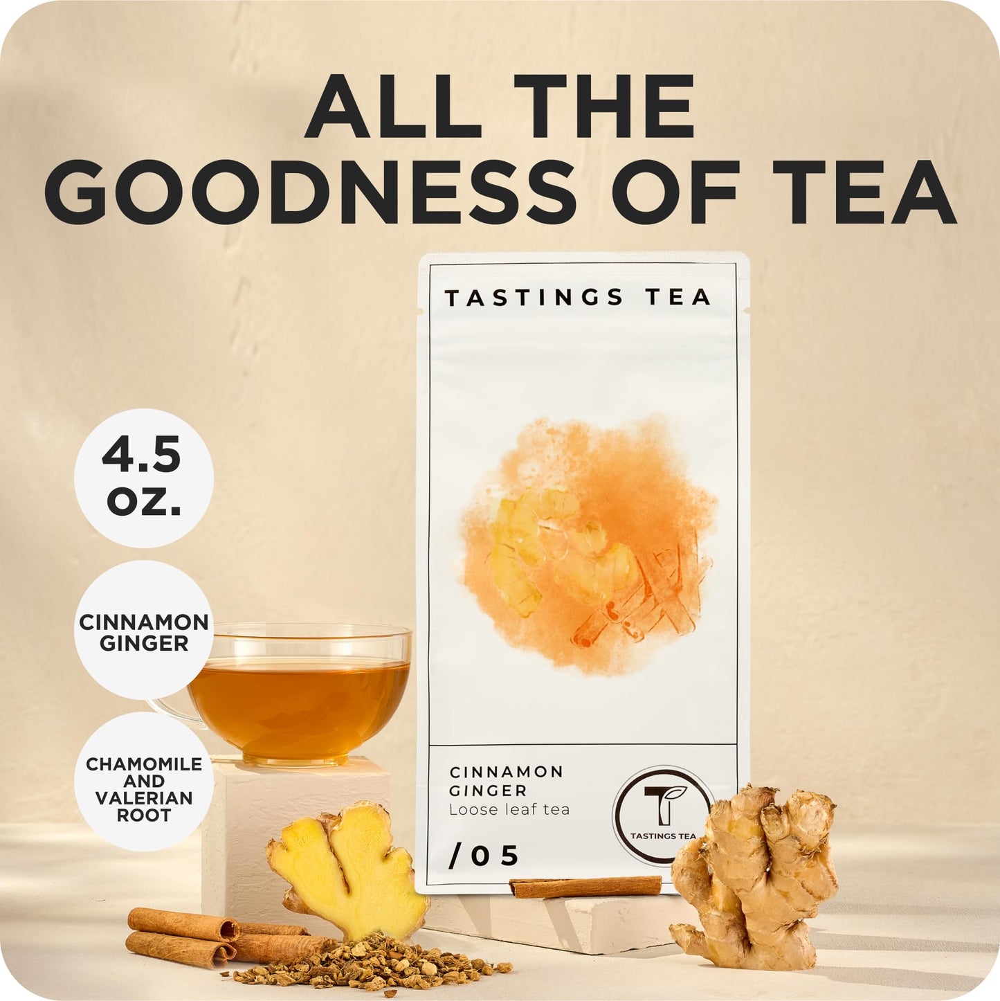 Tastings Tea Cinnamon Ginger Loose Leaf, 8 oz | Winter Warming Herbal Spice Blend for a Seasonal Brew | Natural Antioxidants for Wellness | Small