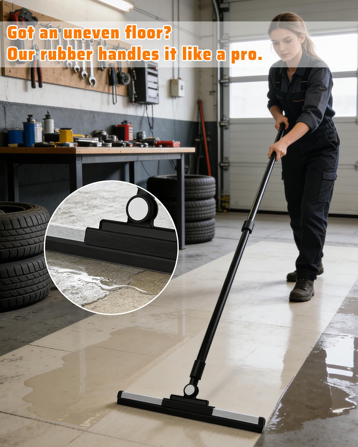 Qriveunet Heavy Duty Floor Squeegee for Concrete Floor- 14.2” Rubber Broom with Cloth Clip Design, 52” Extendable Window Cleaner, Squeegee Broom