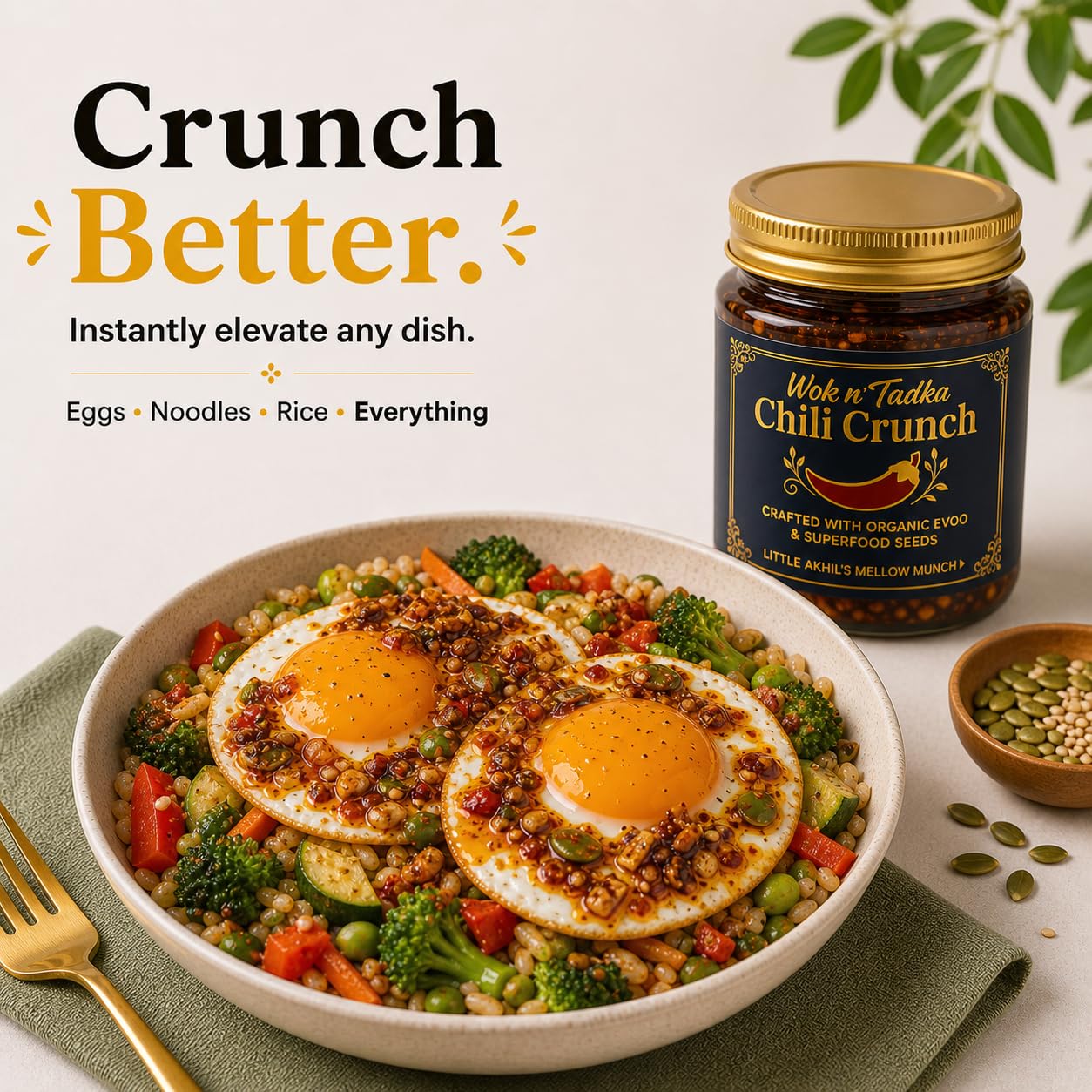 Wok n Tadka Garlic Chili Crunch 6oz - Crunchy Chili Oil with Organic EVOO, No Seed Oils, No Sugar Added, No MSG, Gluten Free, Mild Chili Crisp Topping