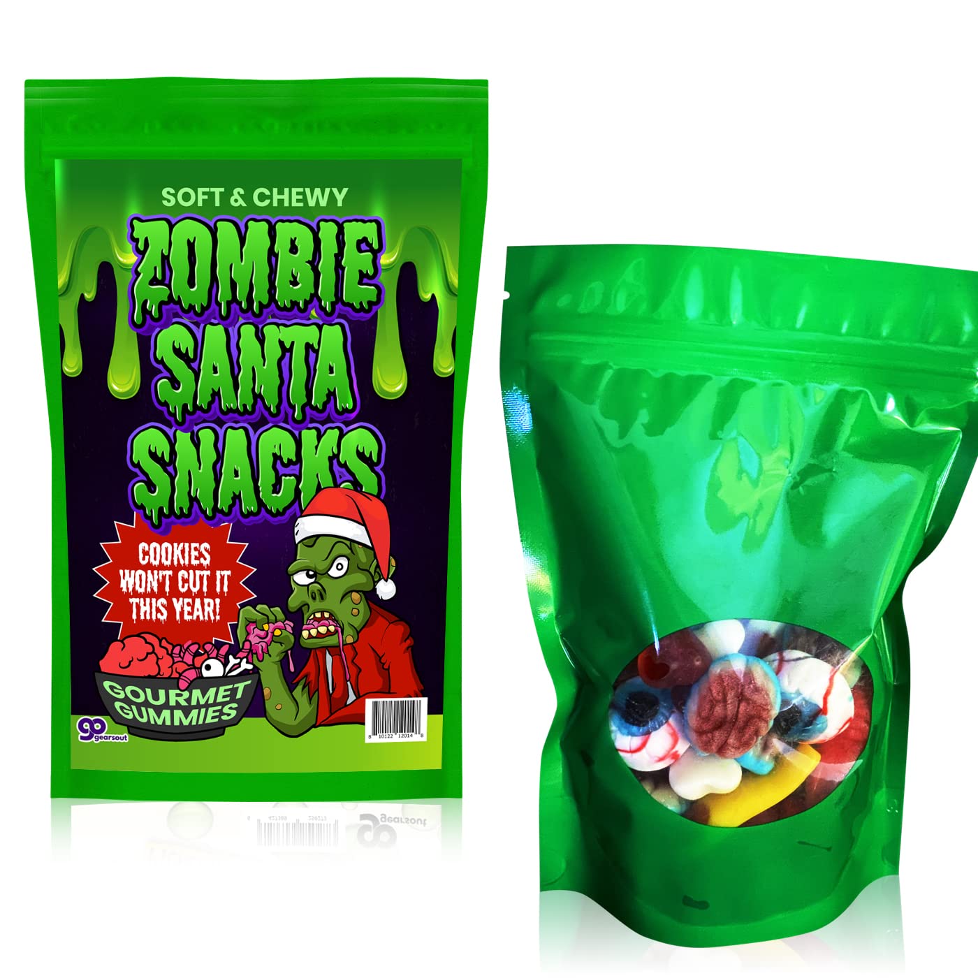 Zombie Santa Snacks Gummy Candy - Gourmet Body Parts Gummies for Kids - Funny Creepy Zombie Christmas Gag Gift - Chewy Eyeballs, Brains, Fingers