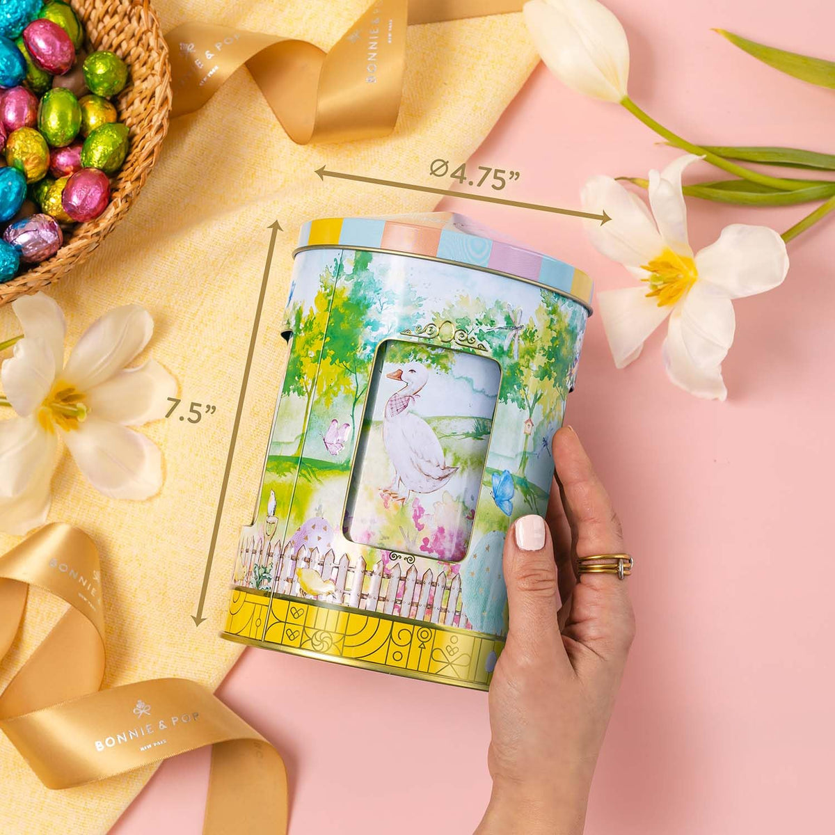 Easter Gift Tin, Musical Carousel with Spring Candy Assortment - Plays Holiday Music, Chocolate Eggs, Yogurt Pretzels & Popcorn, Holiday Box Present