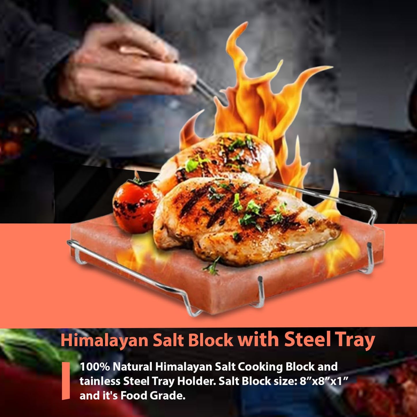 ZK Himalayan Salt Cooking Block 8"x8"x1” Plate with Steel Tray Holder- Food Grade Rock Salt for Grilling, Cutting, and Serving, Salt Slab a Unique