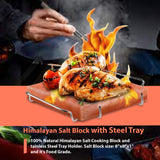 ZK Himalayan Salt Cooking Block 8"x8"x1” Plate with Steel Tray Holder- Food Grade Rock Salt for Grilling, Cutting, and Serving, Salt Slab a Unique