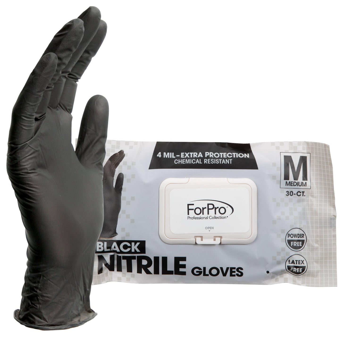 ForPro Professional Collection Disposable Nitrile Gloves, Chemical Resistant, Powder-Free, Latex-Free, Non-Sterile, Food Safe, 4 Mil, Black, Medium