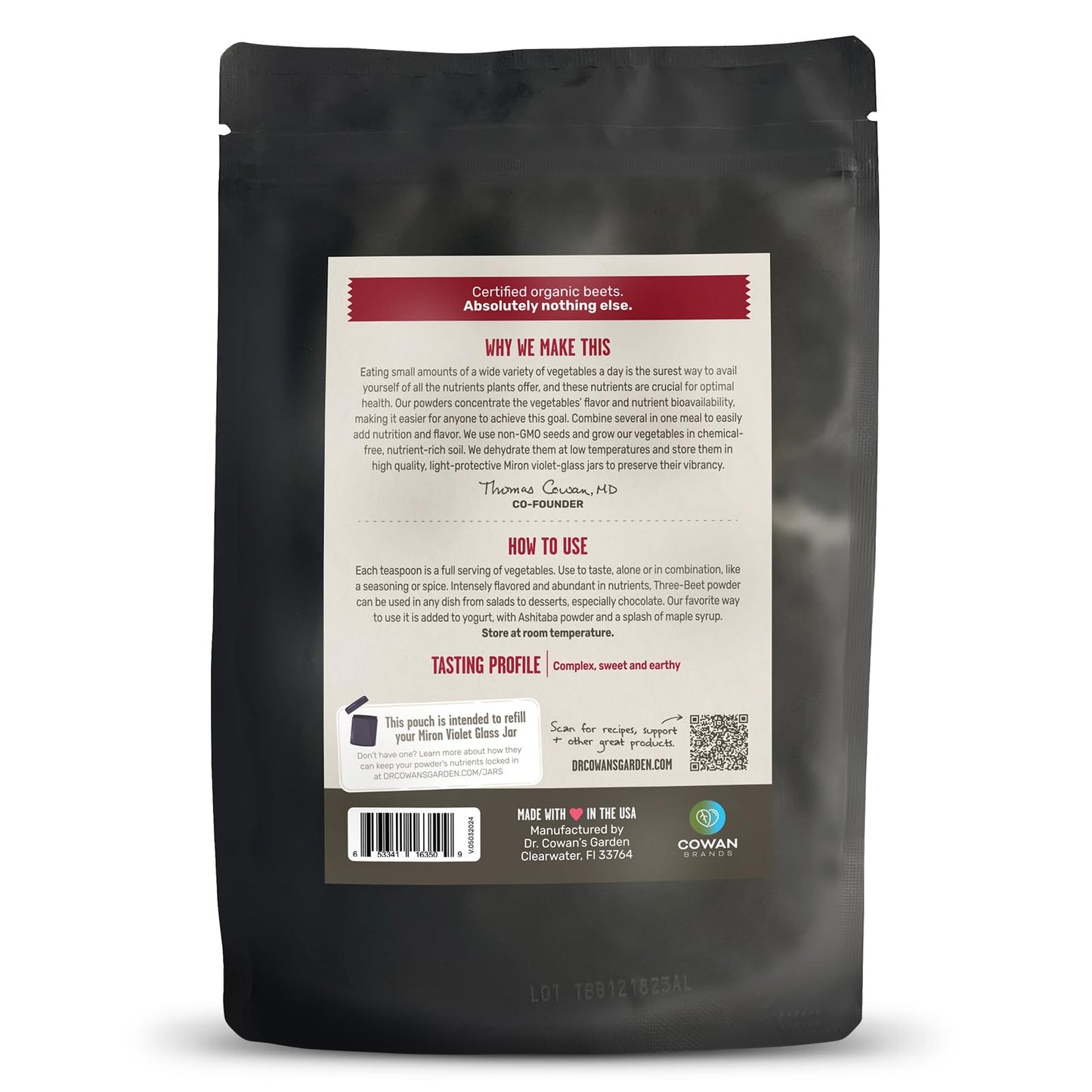 Dr. Cowan’s Garden Organic Three Beet Powder Refill Pouch - Certified Detroit Red, Chiogga & Golden Beets - USA Grown Beetroot Powder in Miron Glass