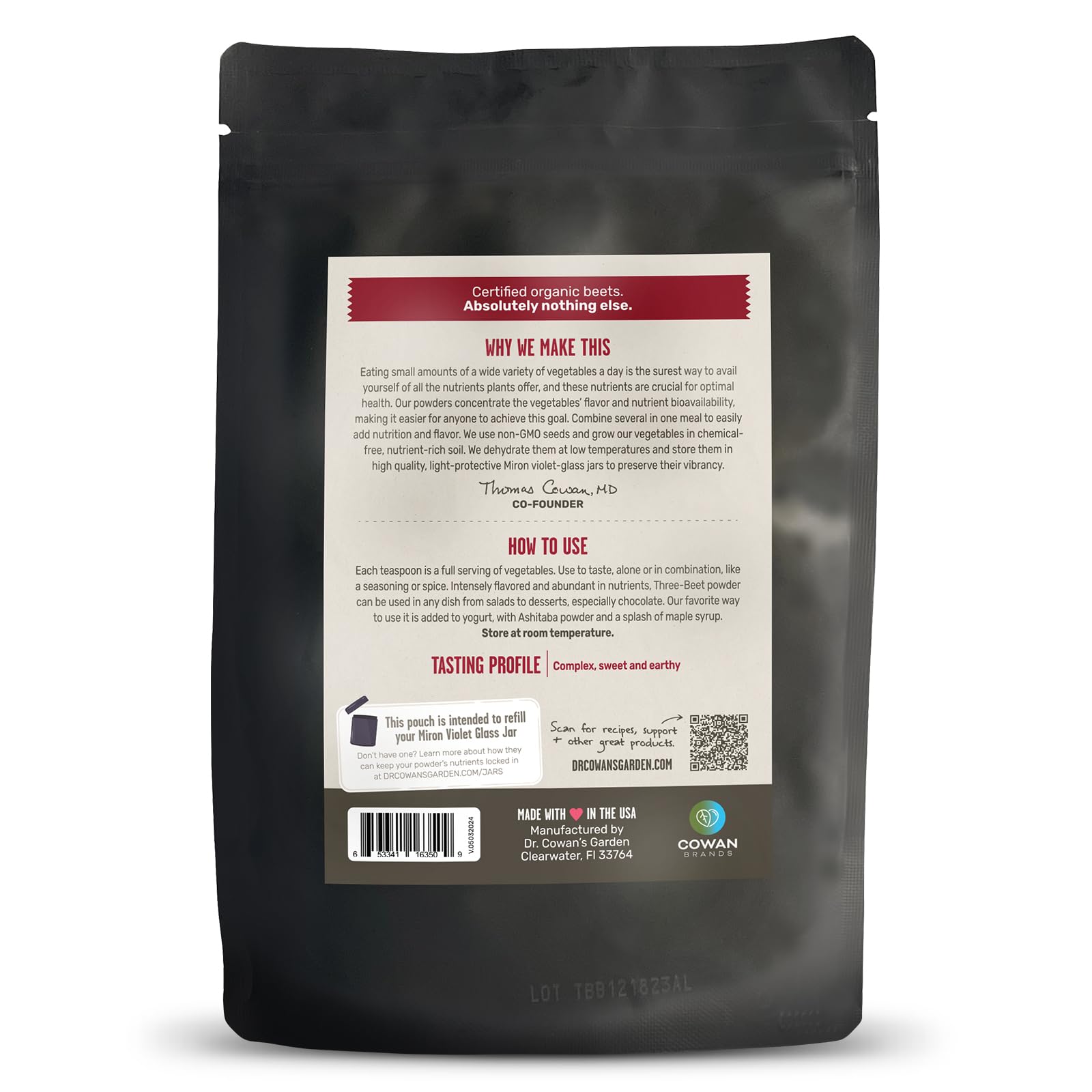 Dr. Cowan’s Garden Organic Three Beet Powder Refill Pouch - Certified Detroit Red, Chiogga & Golden Beets - USA Grown Beetroot Powder in Miron Glass