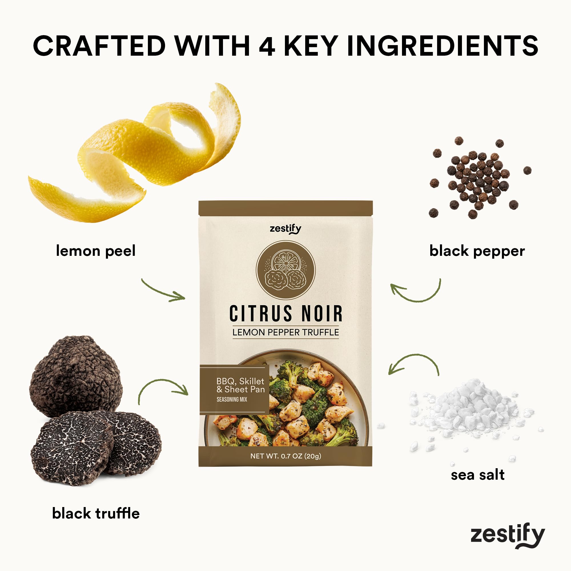Zestify Citrus Noir - Lemon Pepper Truffle Seasoning Mix Packets | Gourmet Spice Blend for BBQ Dry Rub, Sheet Pan, Air Fryer (4-0.7 oz pouches)