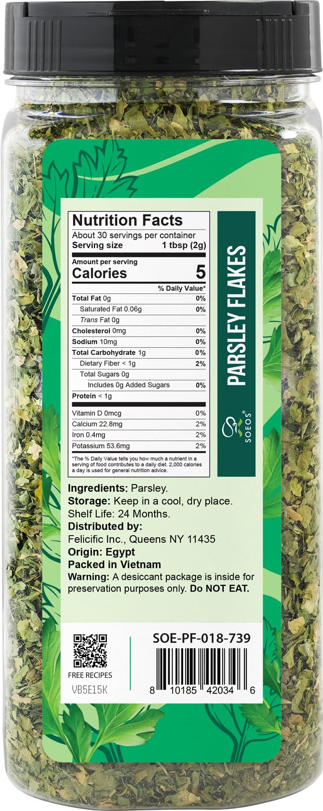 Soeos Parsley Flakes, 2.1 oz (60g), Dried Parsley Leaves, Fresh Flavor and Aroma, Perfect for Seasoning, Garnishing, and Cooking