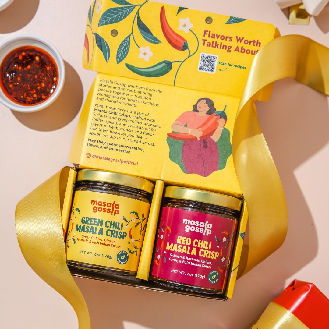 Masala Gossip Red & Green Chili Crisp Holiday Gift Set - Crunchy Chili Oil Bundle with Garlic, Shallots & Indian Spices - Drizzle on Noodles, Toast
