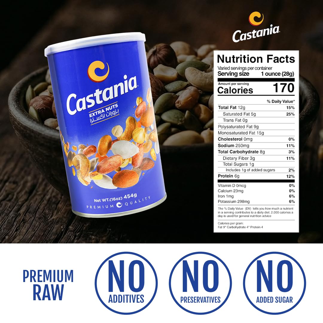 Castania Lebanese Mixed Nuts, Extra Mix with Pistachios, Almonds, Cashews, Hazelnuts, Peanuts, Pumpkin Seeds, Corn, and Chickpeas, 16oz