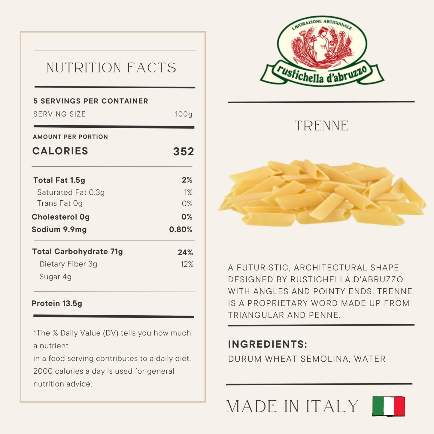 Rustichella d'Abruzzo Trenne Pasta - Unique Triangular Penne Shape, Ideal for Olive Oil Sauces & Bakes - 500g Tray - Authentic Italian Durum Wheat