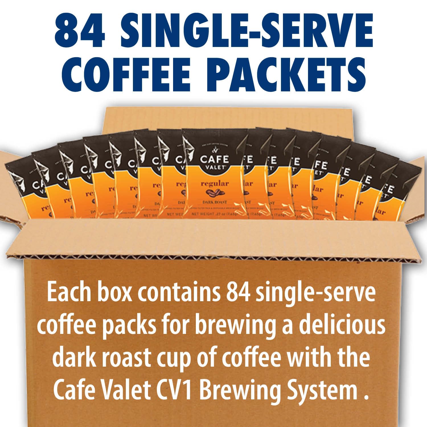 Café Valet Regular Dark Roast Single Serve Coffee Packets - 84 Count - For Use with Café Valet Single Serve Cofee Makers - Disposable Brew Basket