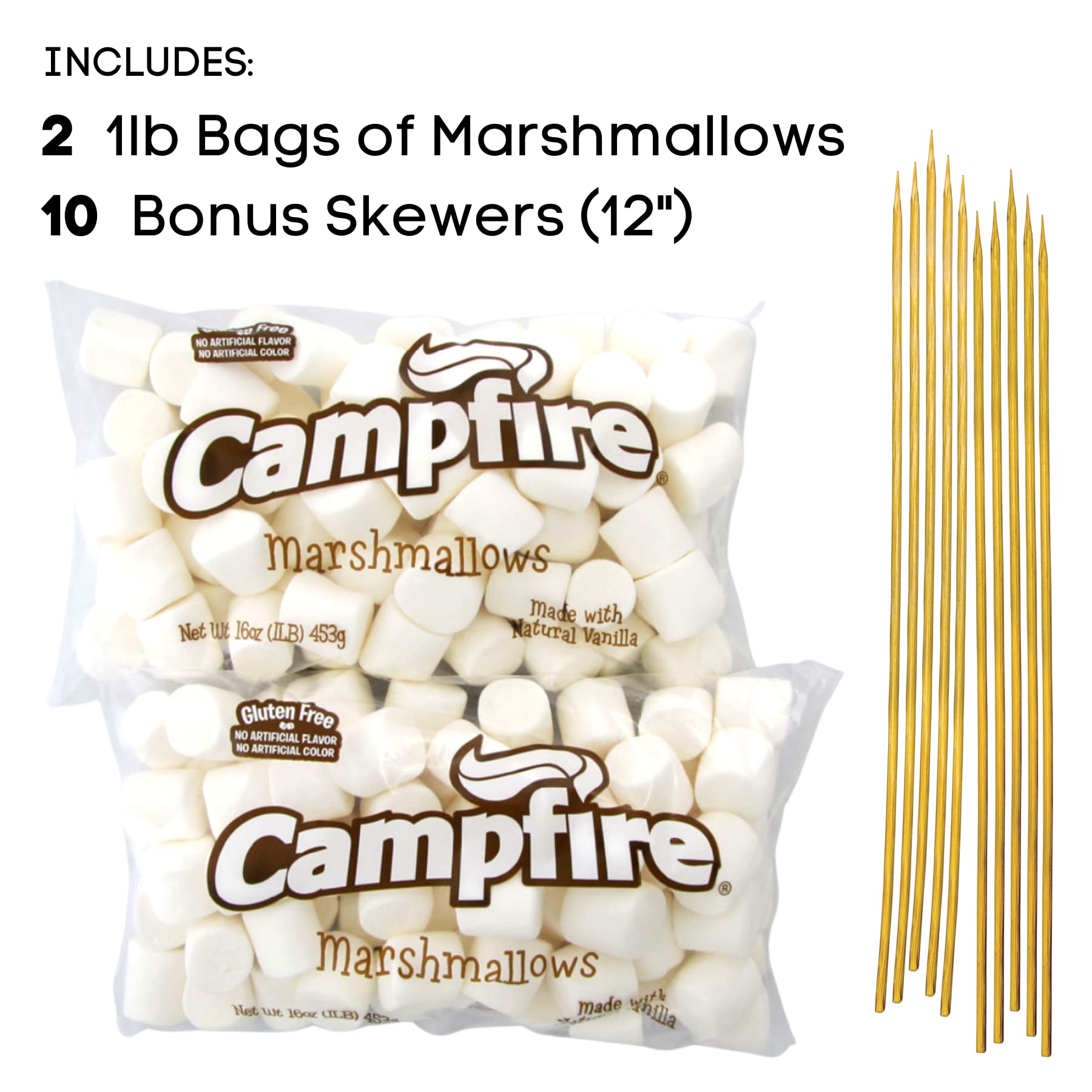 2 Pounds of Large White Marshmallows with Bonus Roasting Sticks - Made with Natural Vanilla, No Artificial Flavors - Great for Campfires, S'Mores