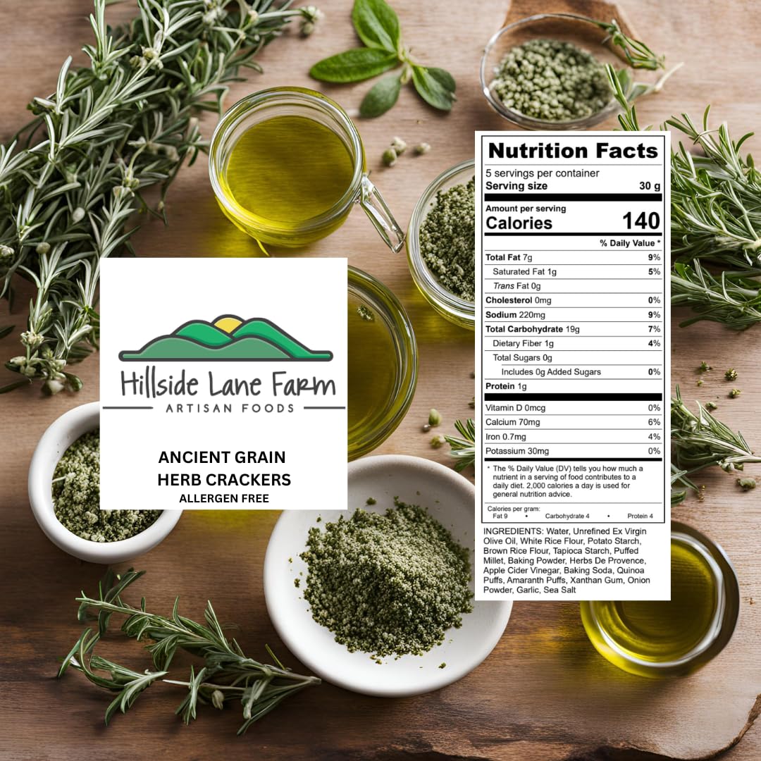 Hillside Lane Farm Herb Crackers - Gluten Free, Allergen Free, Vegan, Kosher - Ancient Grain Snack - 4 Pack, 5oz Bags