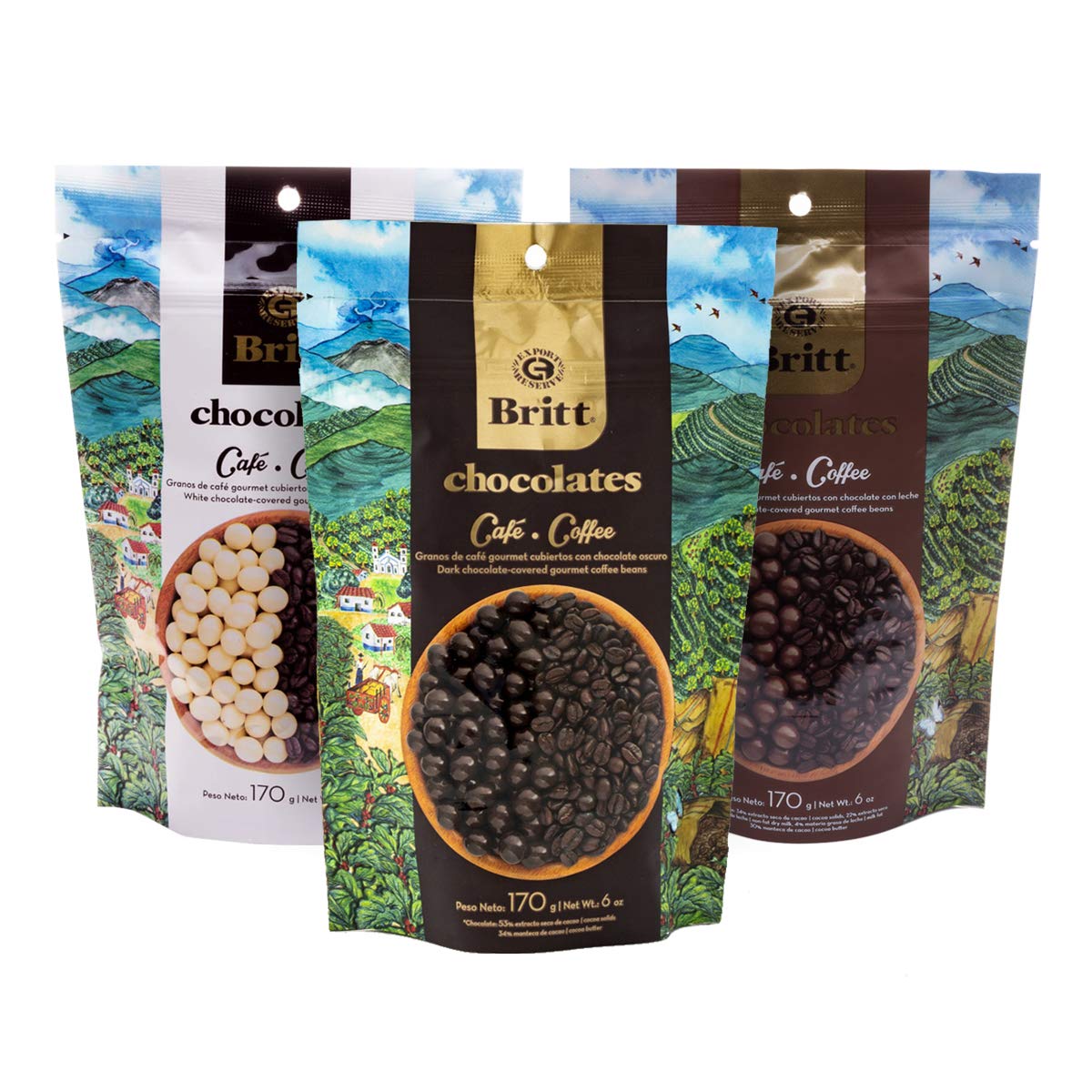 Cafe Britt® Chocolates - Gourmet Chocolate-covered Arabica Coffee Beans (Dark, Milk and White Chocolate) (3 Pack) (6 oz), Gluten Free, No Artificial