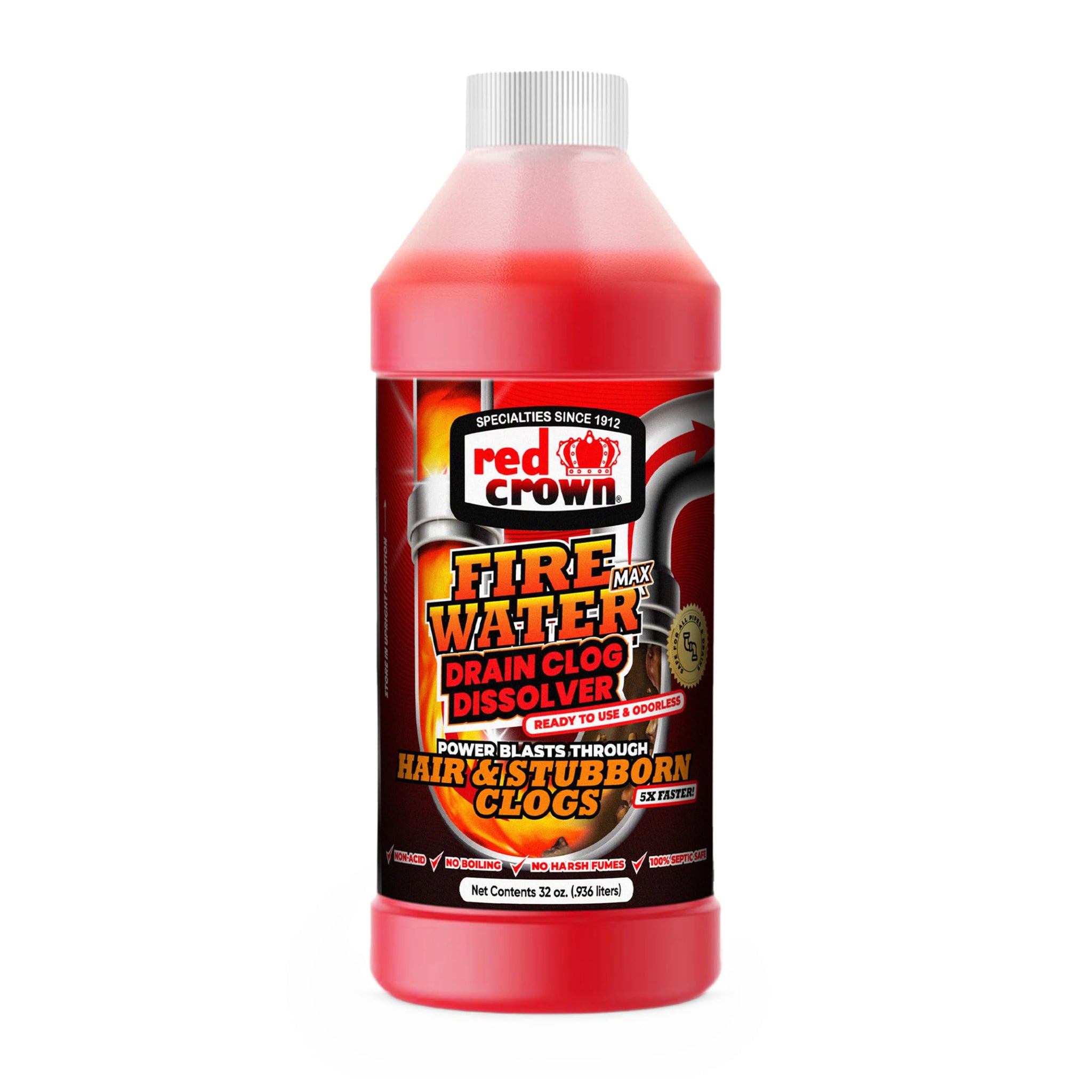 Fire Water Max Drain Clog Dissolver, Hair Clog Liquid Cleaner & Remover for Any Sink Shower Tub Pipe Drains Septic Safe, 5X Faster Action, 1 Quart