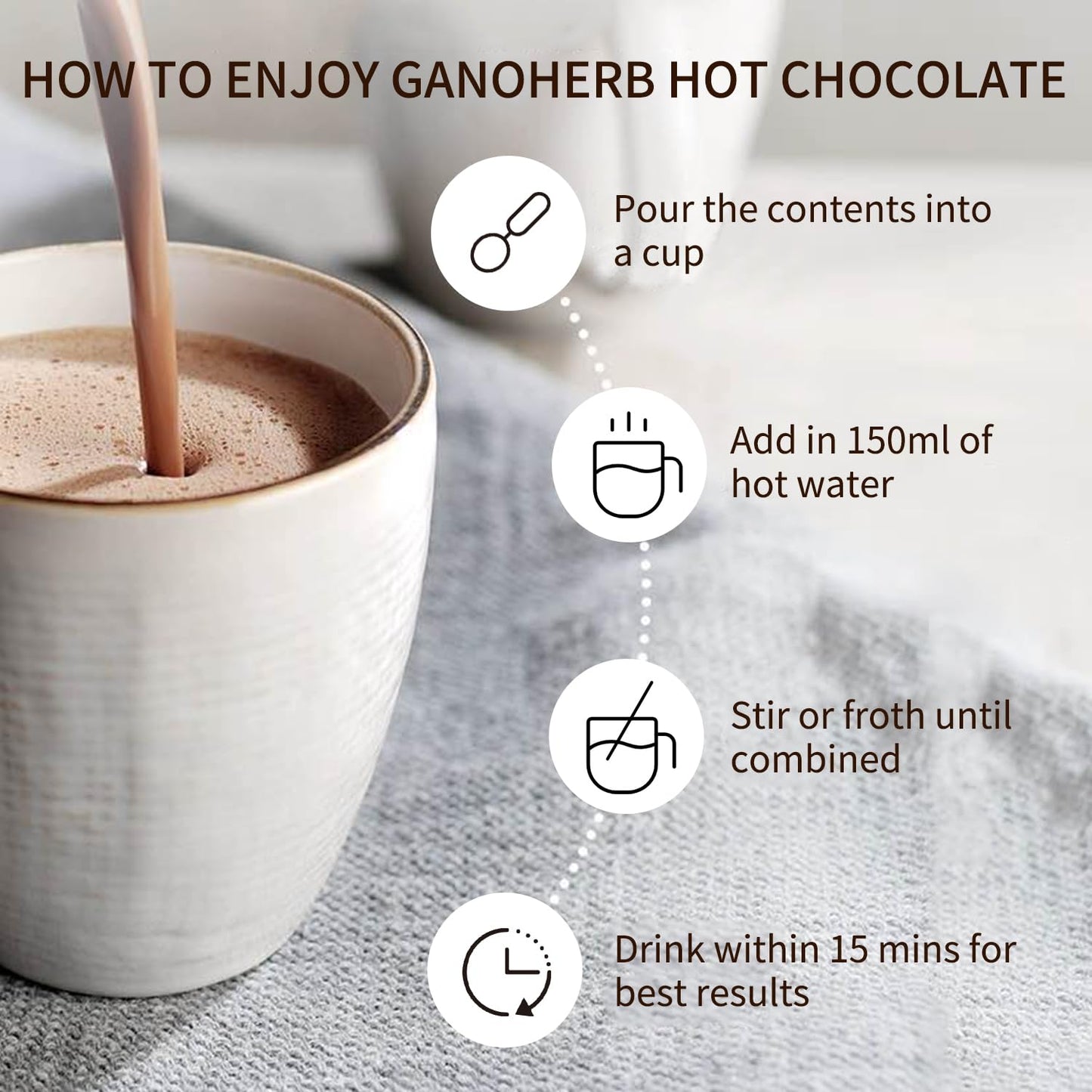 GANOHERB Mushroom Hot Chocolate Mix with Reishi, Mushroom Coffee Alternative Hot Cacao Powder for Energy, Mood and Immune System, Vegan Mushroom
