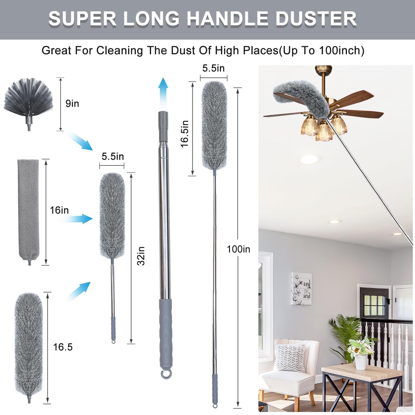 100" Microfiber Feather Dusters for Cleaning, Cobweb Duster with Extension Pole, Spider Web Brush & Ceiling Cleaning Tools, Dust Remover Set