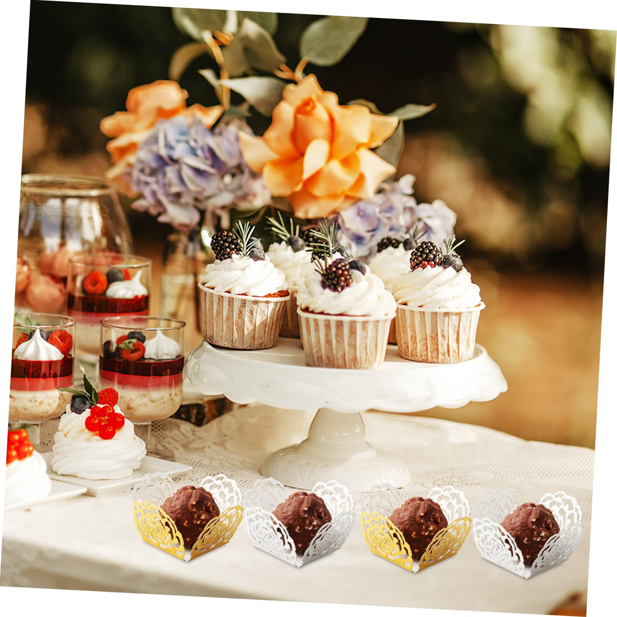 FELTECHELECTR 100pcs Flower Edge Truffle Wrappers for Wedding Party Chocolate Cup Liners Safe Paper Dessert Wraps