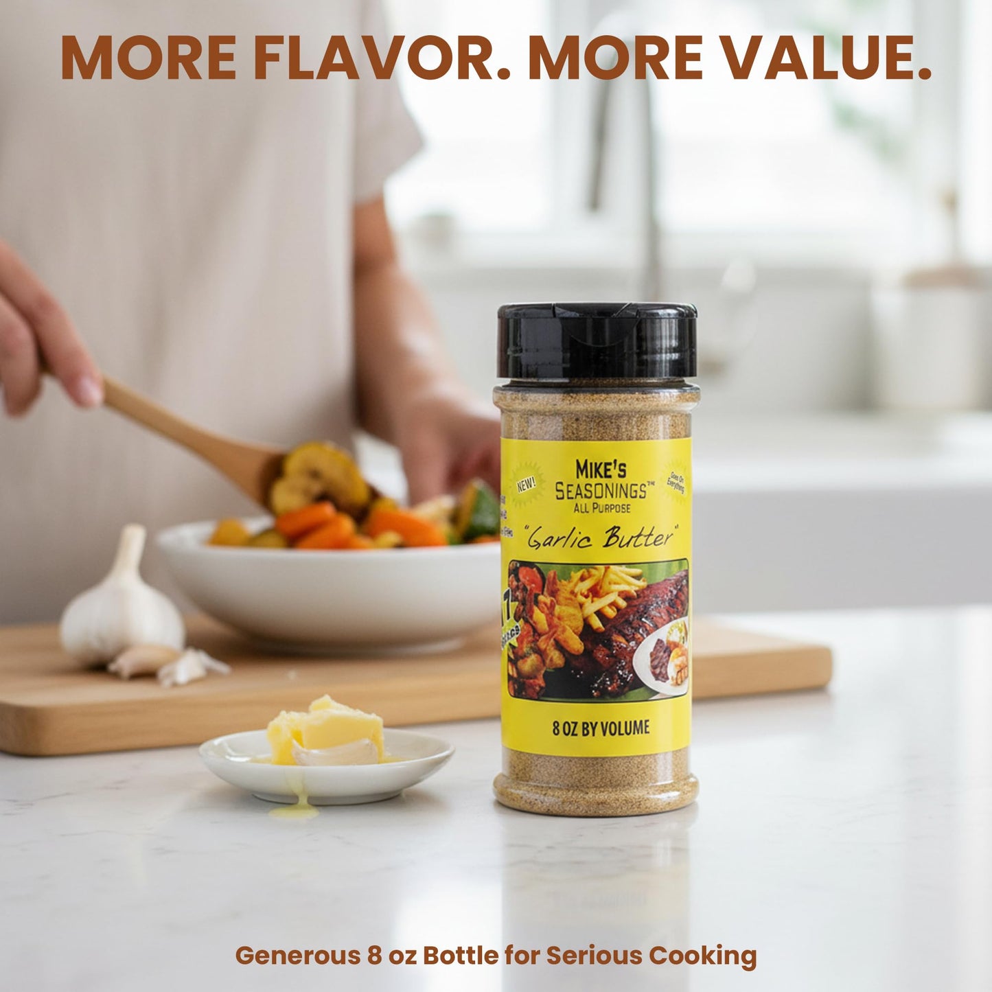 Mike's Garlic Butter Seasoning, No MSG Gluten Free 17-Spice Blend for Chicken, Steak, Garlic Bread and Popcorn, Made in USA, 8 oz