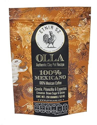 Etnia 52 - Café de Olla, 100% Mexican Ground Coffee, 250 grams or 8.8 oz, Kosher Certified (KMD), Made in Mexico, Includes Free Ebook Recipe Link