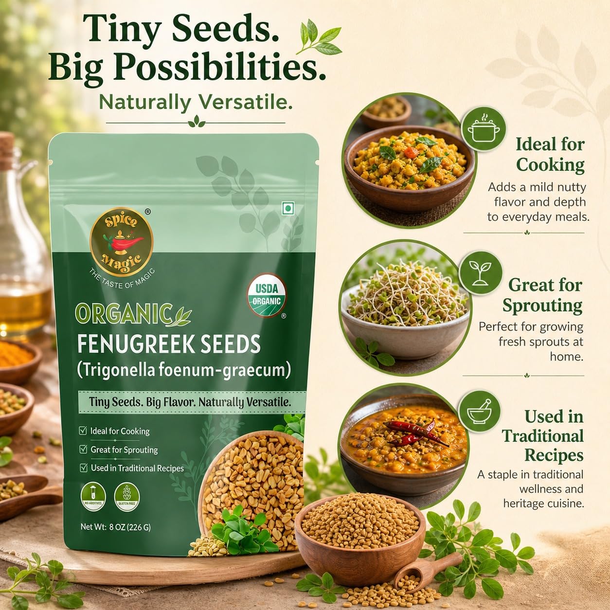 Spice Magic Organic Fenugreek Seeds 8 oz (226g) | USDA Organic Methi Seeds (Semillas de Fenogreco) | Whole Aromatic Spice | Lab Tested | Resealable