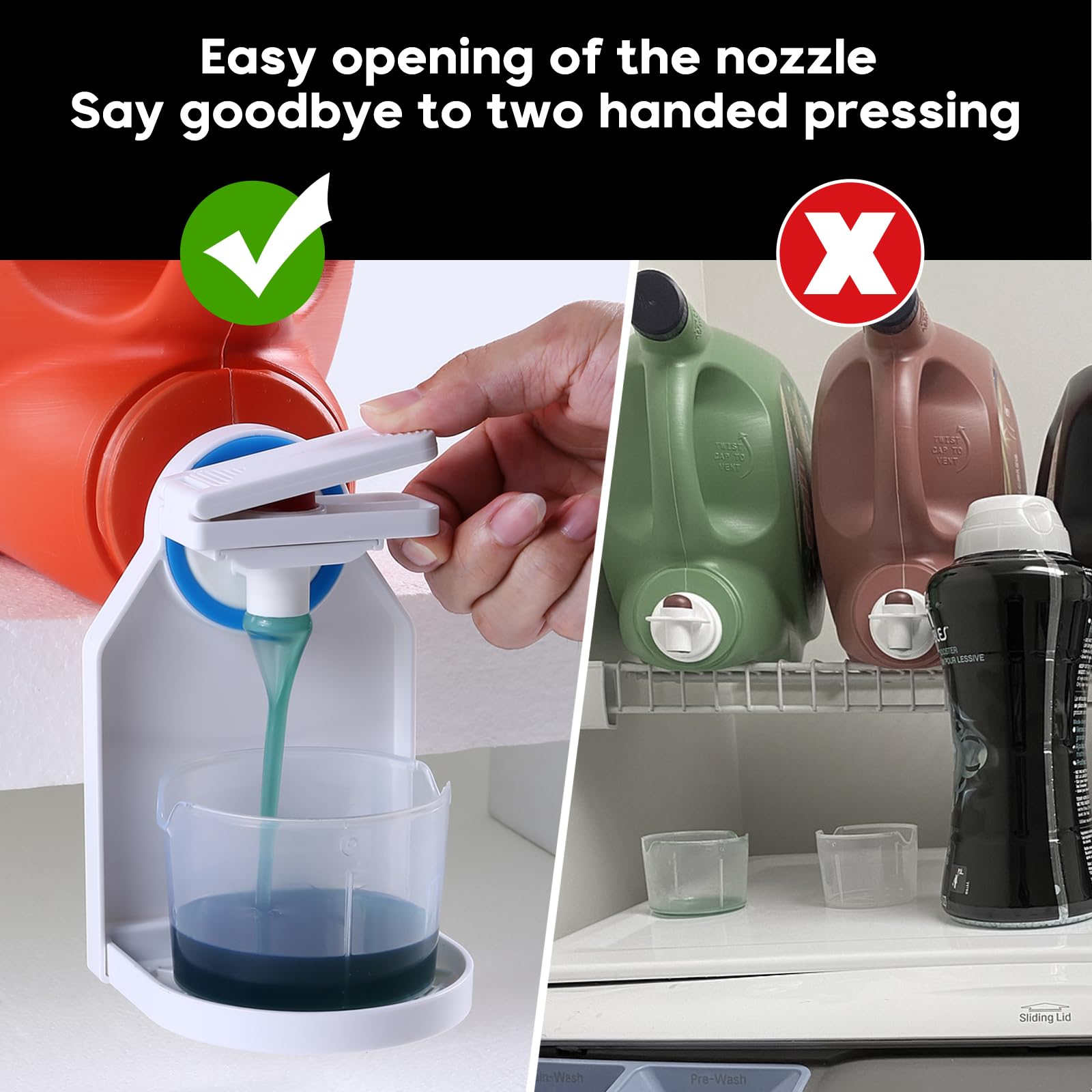 KMOUANTS 2 Pack Laundry Detergent Dispenser Cup Holder, Nozzle button upgrade?Easily No More runny or Messy Laundry Detergent, Laundry Cup Holder