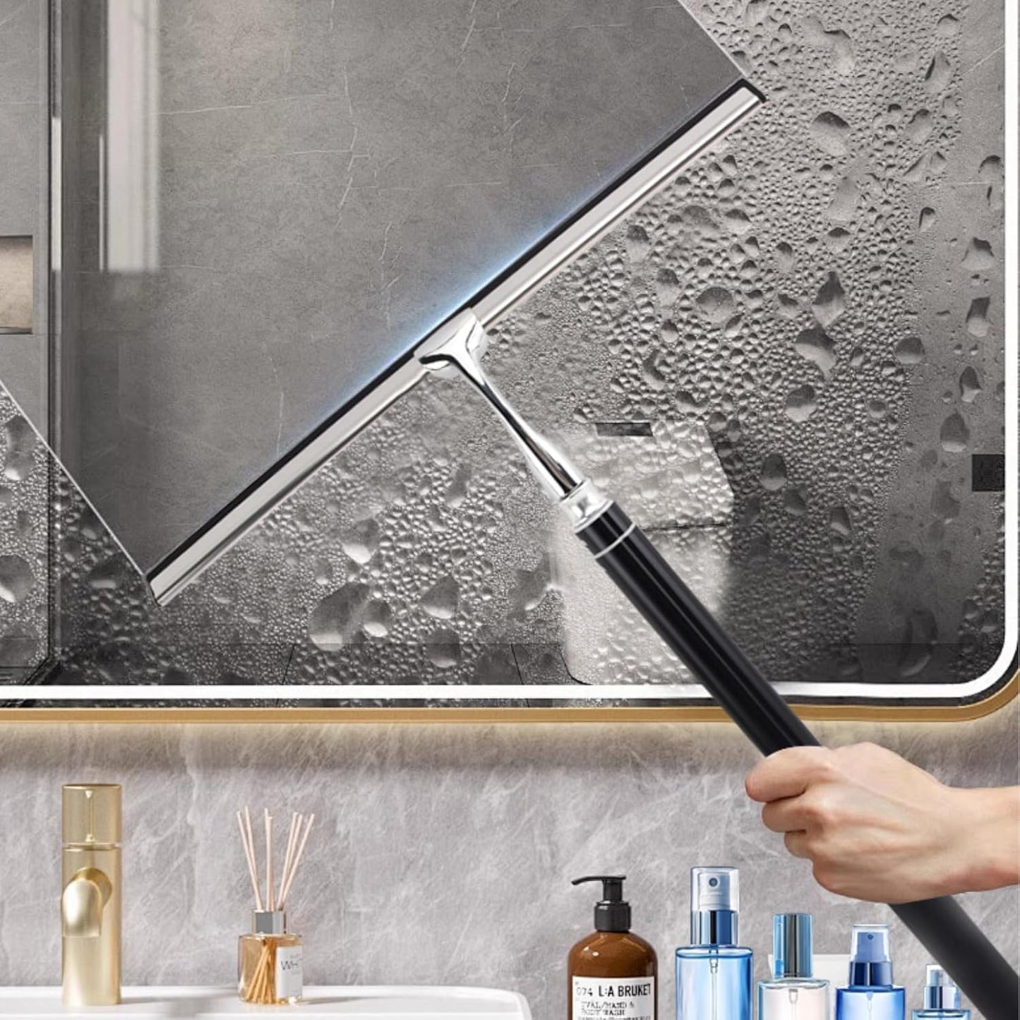 17.3?-60? Extendable Shower Squeegee with Long Handle - Metal Window Squeegee with Extension Pole for Shower Glass, Home High Window, Floors