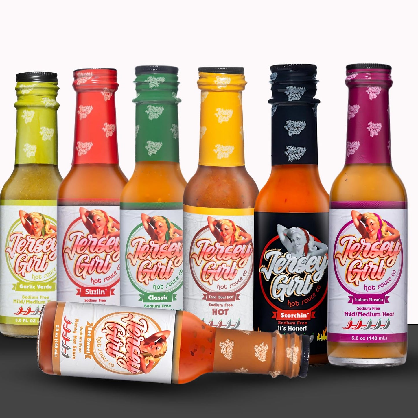 Jersey Girl All Natural Hot Sauce Variety (7) Pack - Bee Sweet/Classic/Garlic Verde/Masala/Scorchin' / Sizzlin' / Taco (No Added Salt/Naturally Sodium