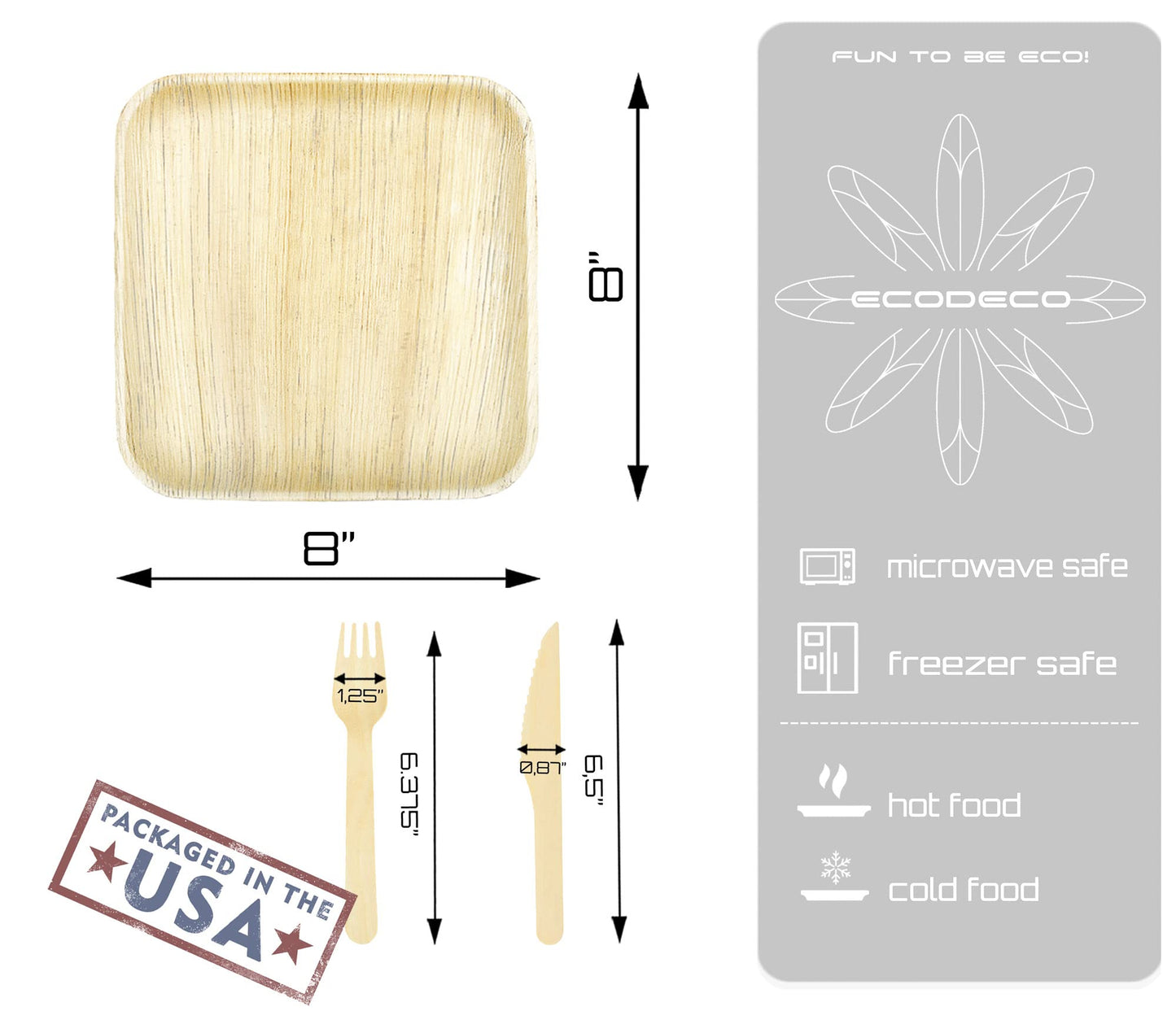 ECODECO Palm Leaf Plates - 50 pcs 8 Inch Square - Disposable Like Bamboo Party Plates with Cutlery