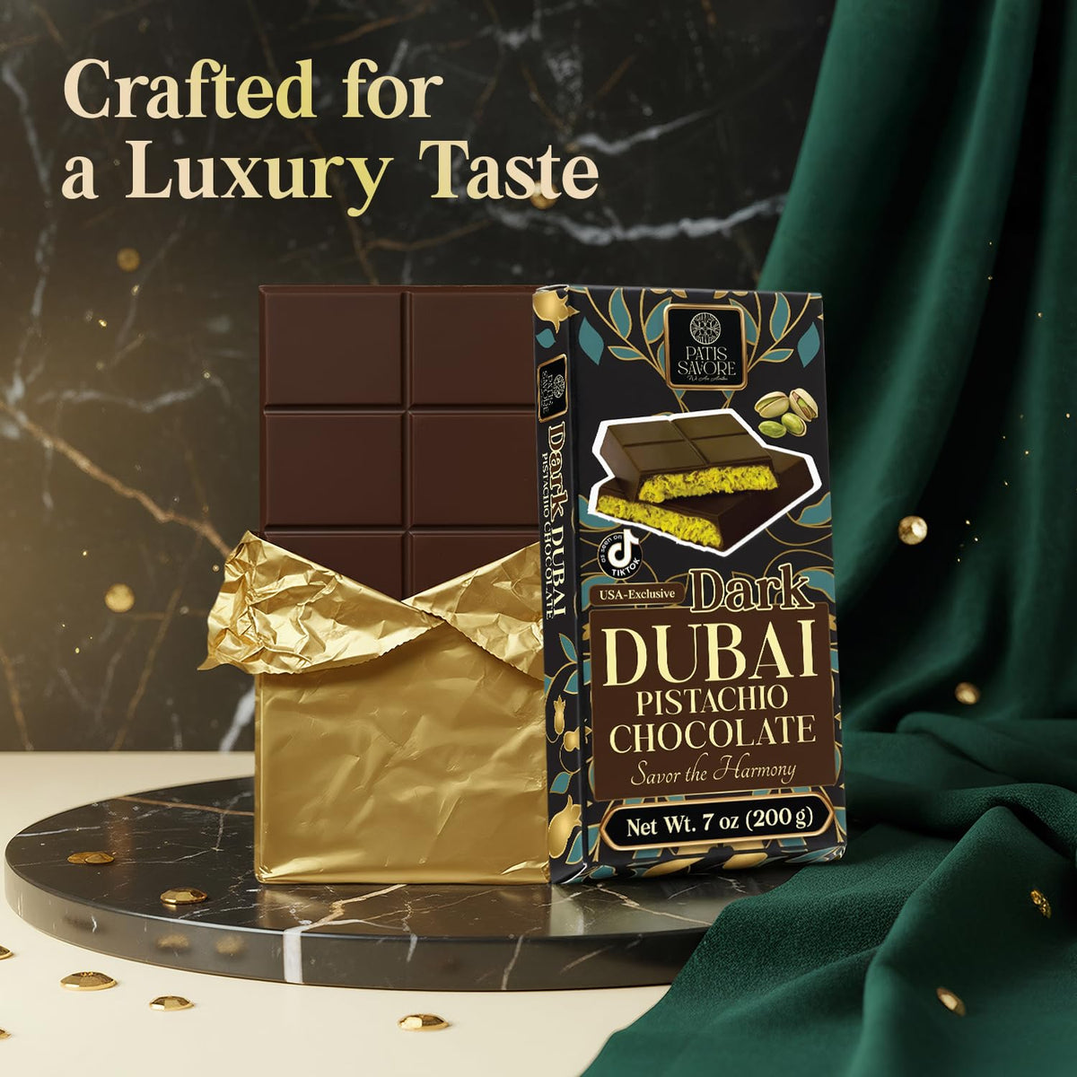 Dubai Chocolate Dark Bar 7 oz with Pistachio Filling & Crispy Kataifi
